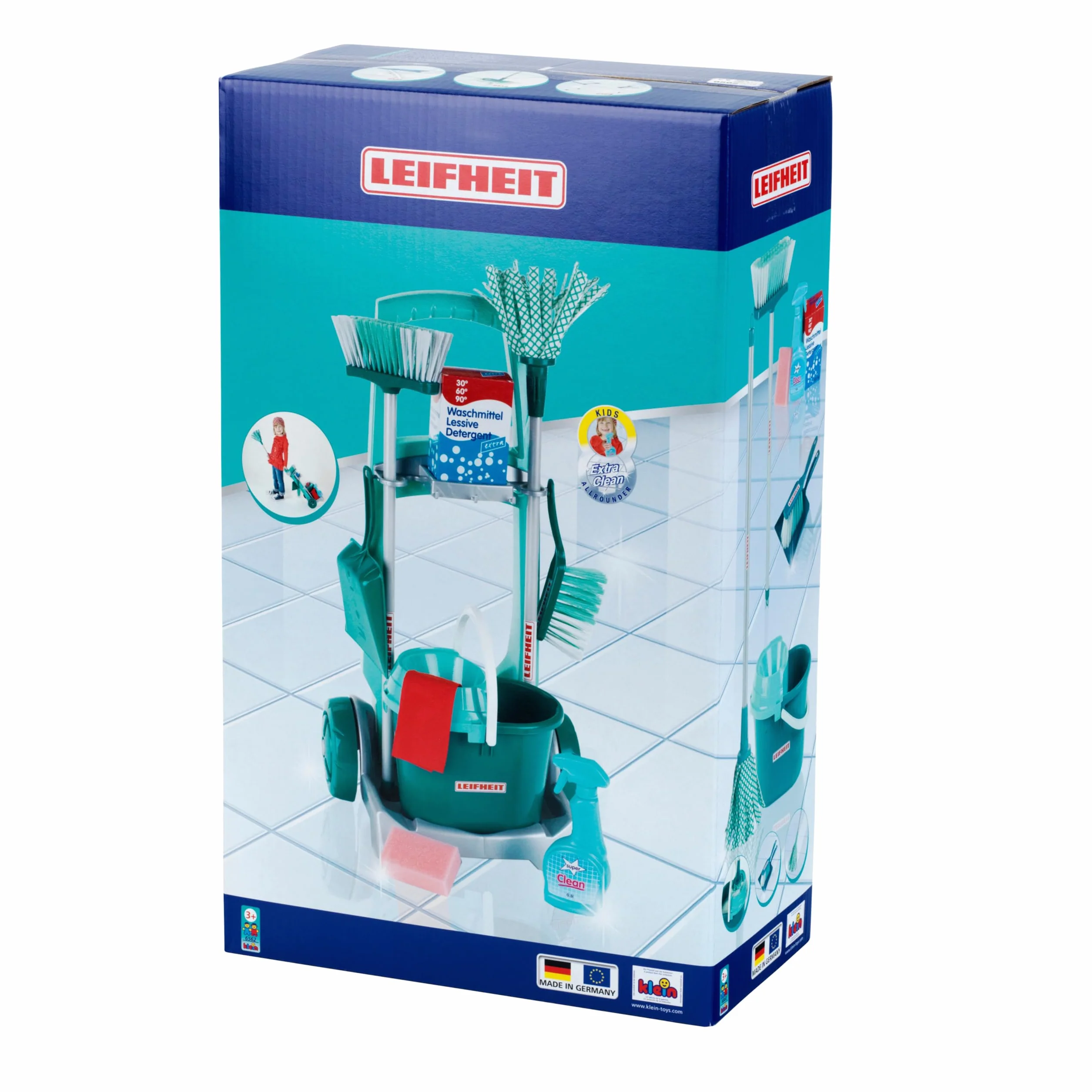 Theo Klein 6562 Leifheit Besenwagen mit robustem Zubehör | Inkl. Wischmop, Eimer, Besen u.v.m. I Maße: 29 cm x 24 cm x 60 cm I Spielzeug für Kinder ab DREI Jahren