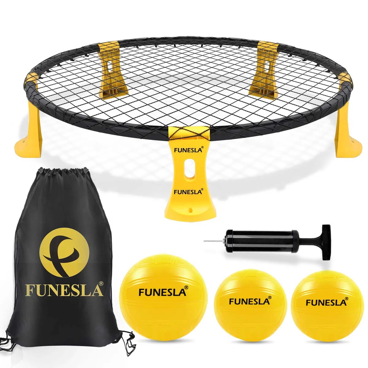 Funeslaball Outdoor Spieleset, Roundnet Spieleset, Outdoor Team Ballspiel bestehend aus Spielnetz, 3 Bällen, Kordelzug, Ballpumpe und Handbuch