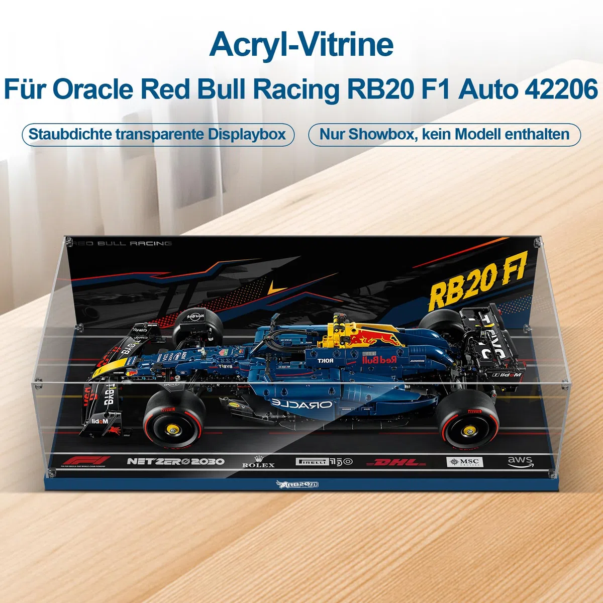 cooldac Acryl-Vitrine kompatibel mit Lego 42206 Oracle Red Bull Racing RB20 F1 Rennauto(Nur Box, Kein Modell), Staubdichtes Transparentes HD Backdrop Display Case für Lego Technic 42206 F1 Rennauto