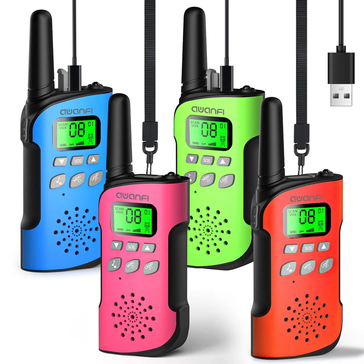 Walkie Talkie für Kinder 4er Set, Walkie Talkie Aufladbar mit Li-ion Akku, Walky Talky mit VOX, Taschenlampe, Funkgerät Set, Walki Talki Camping Abenteuer, Geschenk für Kinder de 3-12 Jahre