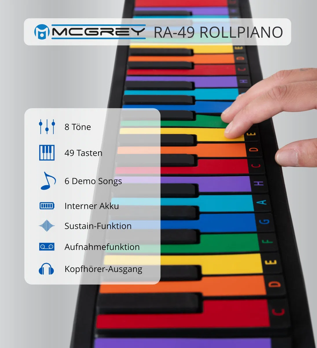 McGrey RA-49 Kinder Rollpiano - Zusammenrollbar für einfachen Transport - Perfekt für Urlaub, Kindergeburtstag und Kinderzimmer - Für Kinder und Erwachsene geeignet - Integrierter Akku