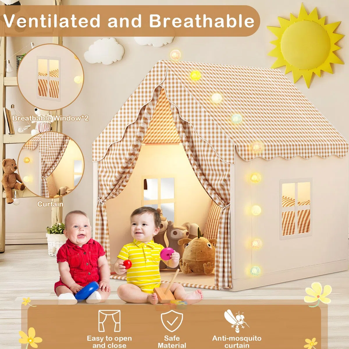 Kinderzelt mit Lichtern und Flaggen, Kinder Bettzelt, Innenbettzelt für Kleinkinder, Spielzelt für drinnen, Prinzessin Zelt mit Fenstern, Kinderspielhaus für Jungen und Mädchen - Khaki (47 * 40 * 51)