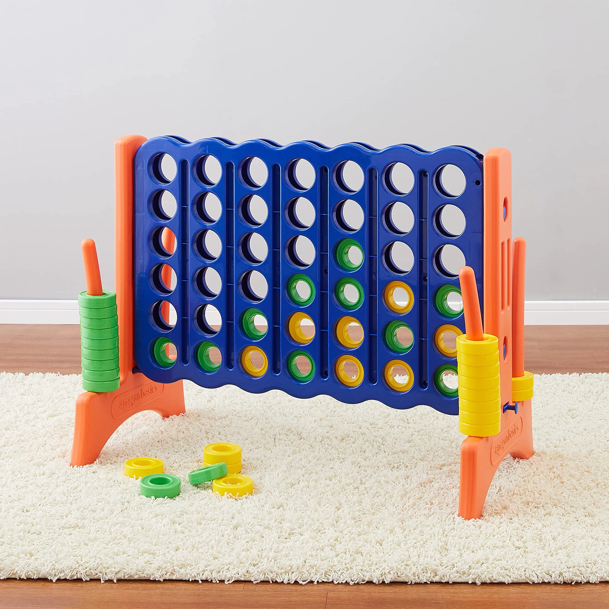 Amazon Basics 4-gewinnt-Spiel, Junior-Riesen-Edition, BPA-frei, für Kinder und Erwachsene, mit Tragetasche, tolles Geschenk, blau, gelb, rot, grün, Groß