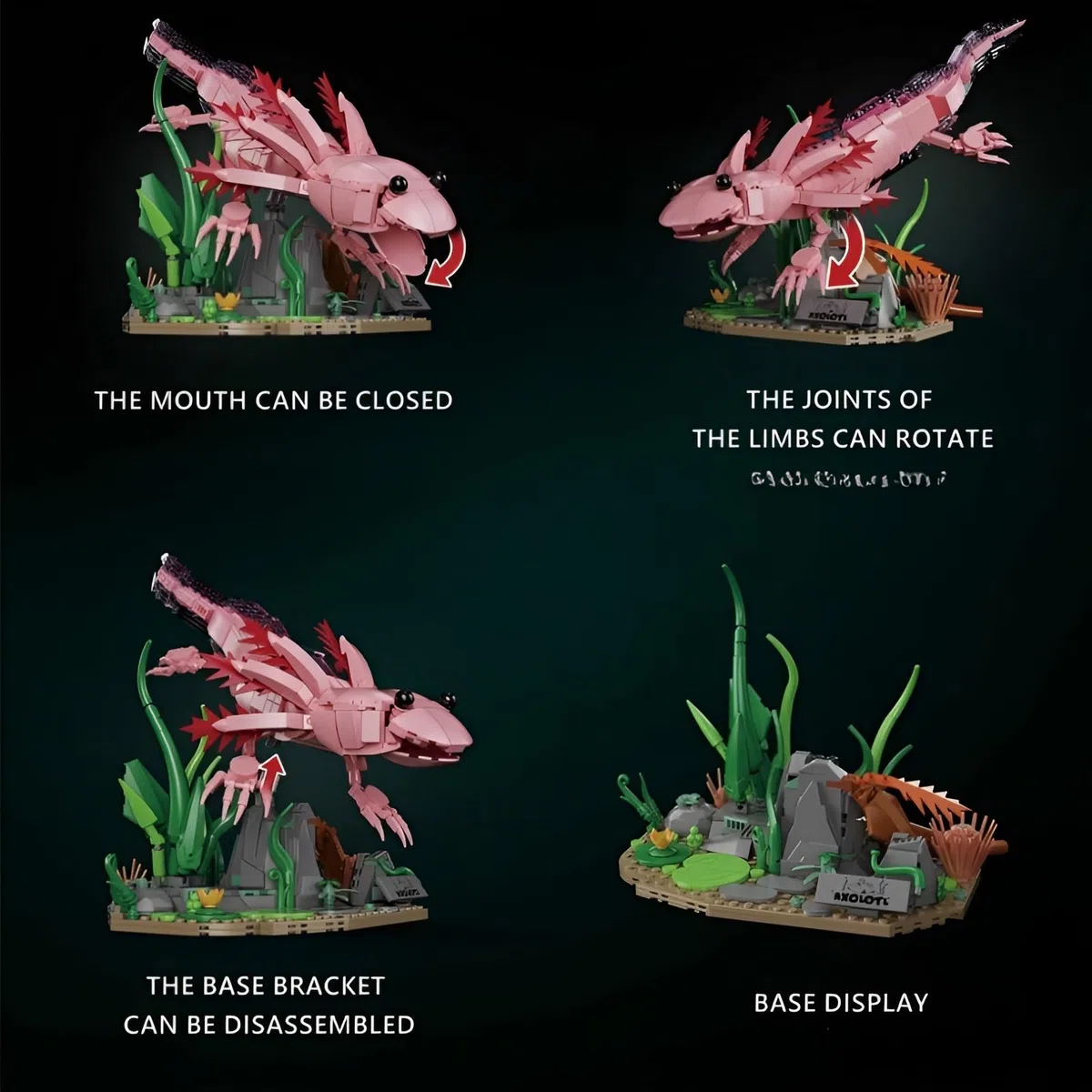 Axolotl Bausteine Bausatz für Erwachsene, 998 Teile Axolotl Klemmbausteine mit Wasserpflanzen-Sockel, Tier-Modell, STEM-Lernspielzeug, Dekoration für das Homeoffice, Geschenk für Naturliebhaber 14+