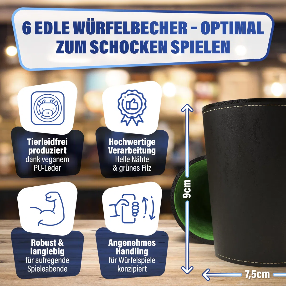 Schocken Set Komplett mit 6 Würfelbechern, Schockbesteck & Würfeln, hochwertiges Schocken Würfelspiel, langlebiges Schockbesteck Set - ideal als Gesellschaftsspiel