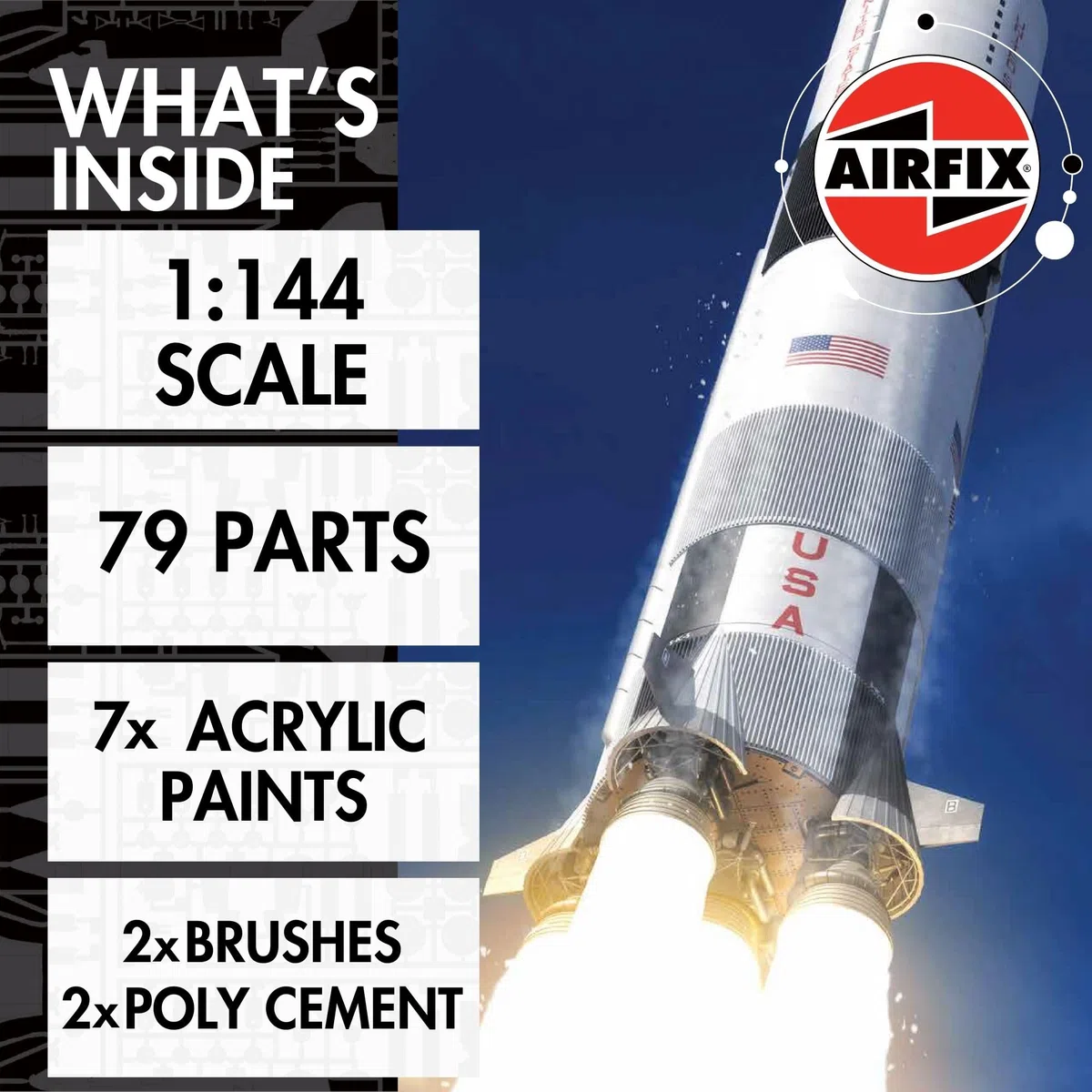 Airfix A50201 Saturn V Geschenkset – Plastikmodellbausatz, Raumschiff-Bausatz für Erwachsene und Kinder ab 8 Jahren, enthält: Modell im Maßstab 1:144, Humbrol Acrylfarben, Pinsel und Polykleber