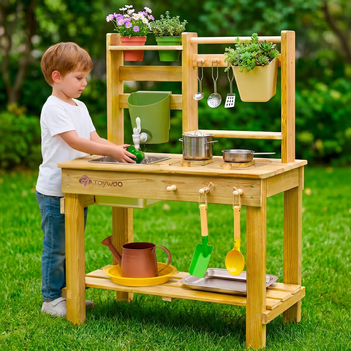 TOYWOO Matschküche Kinder Outdoor Spielküche, 3-in-1 Matschtisch mit Wassertank & Spülbecken, Gartenspielküche aus finnischem Holz für Jungen Mädchen ab 3 Jahre