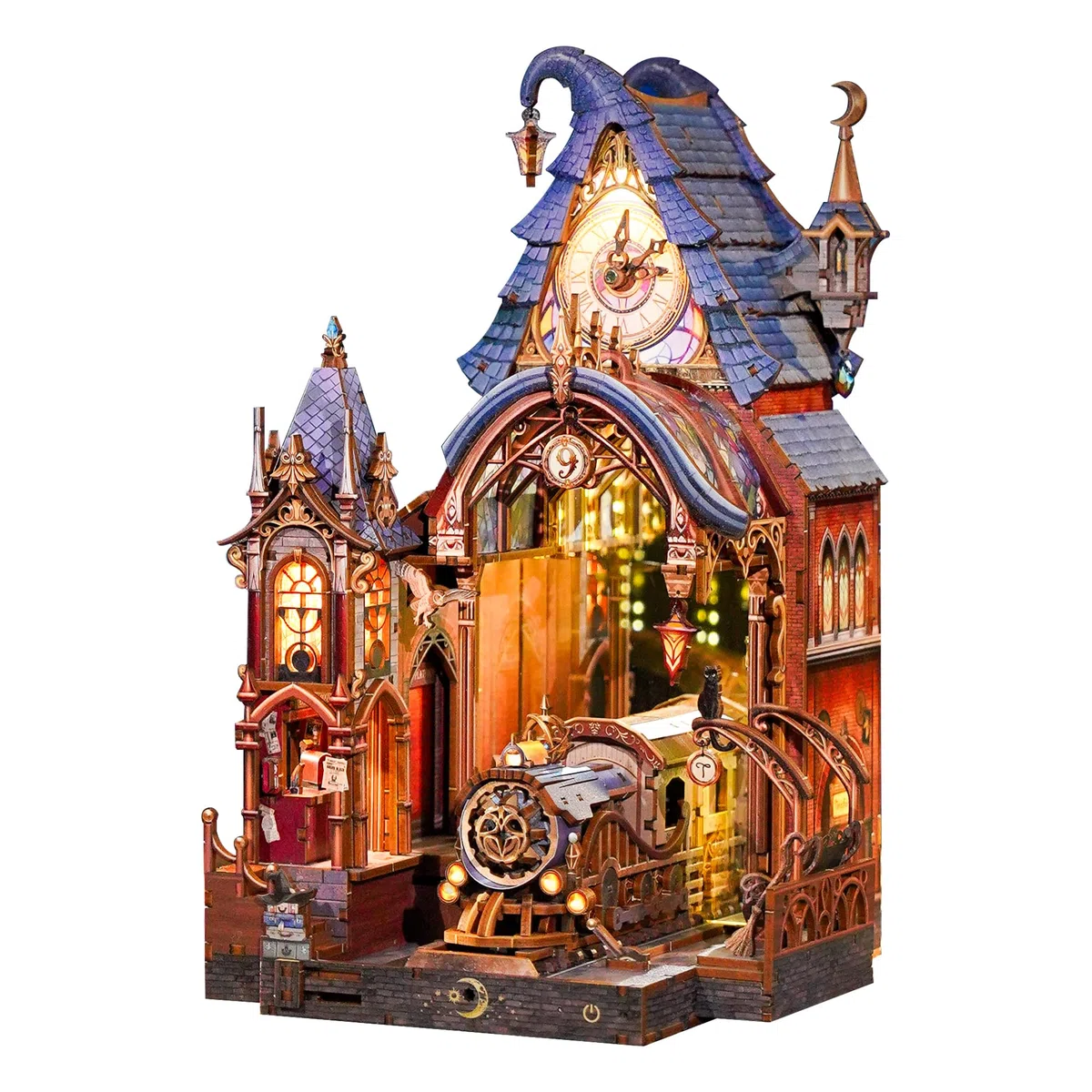 Tonecheer 3D Holzpuzzle Book Nook Kit, LED Zauberwelt Miniatur Bastelset, Interaktives DIY Bücherregal Regaldekor, Gothic Deko Geschenk für Erwachsene und Fans(Magischer Bahnsteig)