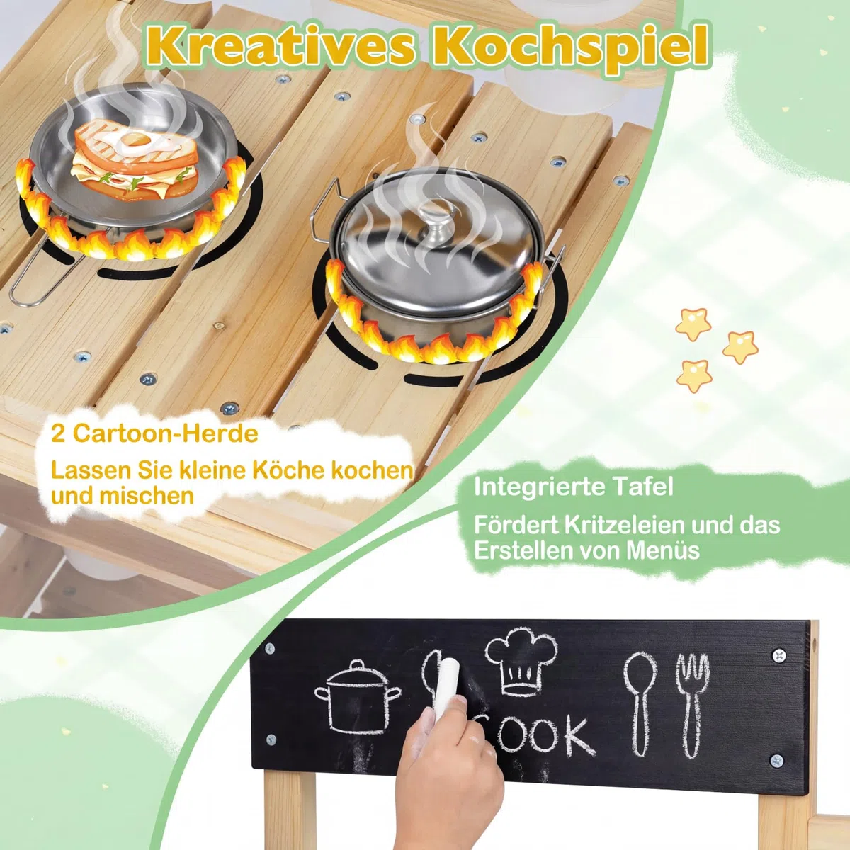 COSTWAY Matschküche Kinder, Outdoor Spielküche mit Herd, Spüle, Wassertank, Pflanztöpfen und Kreidetafel, Holz Gartenspielzeug, Kinderküche für Jungen und Mädchen ab 3 Jahren