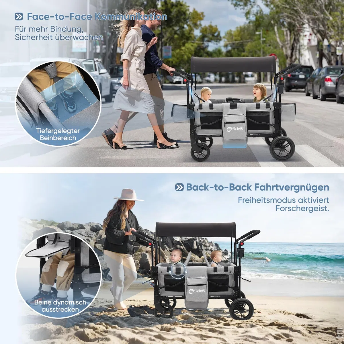 Sekey Bollerwagen Kinder Zwillingsmodus, Bollerwagen Faltbar mit Dach 2 Kinder, Duo Schiebegriff Kinderwagen Doppelsitz mit 2 integrierten 5-Punkt-Gurtsystem, Zwillingskinderwagen (Grau, Premium)