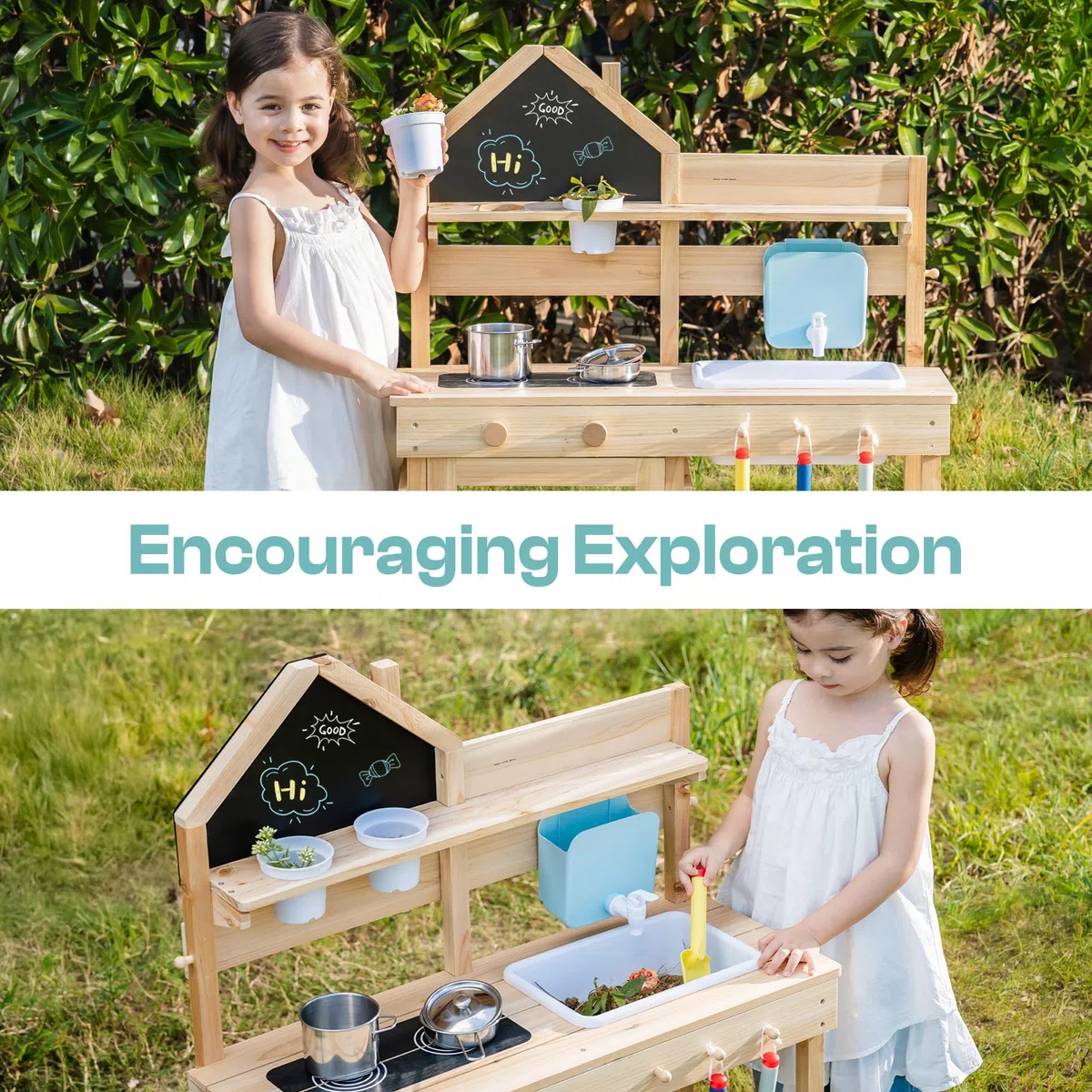 ROBOTIME Kinder Matschküche aus Holz mit Spüle, Tafel, Herd, Wasserhahn, Kochgeschirr & Stauraum – Outdoor Spielküche für Jungen & Mädchen ab 3 Jahren