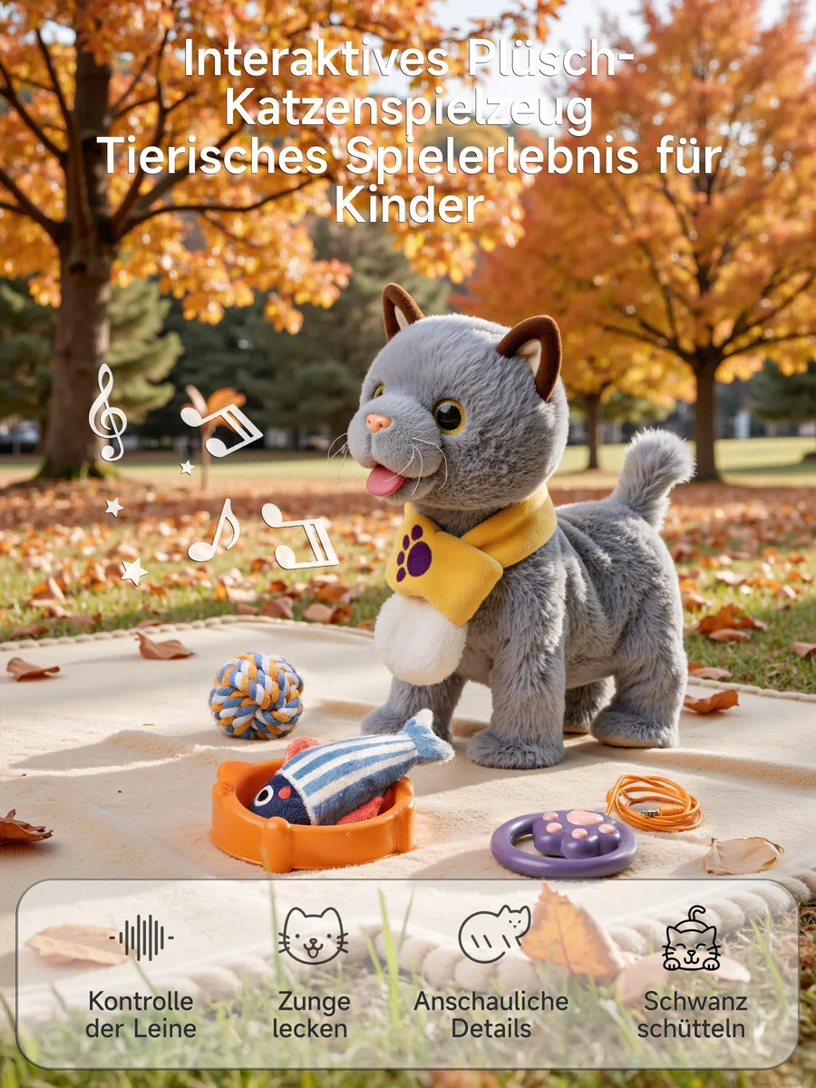 TUMAMA KIDS Interaktives Katze Spielzeug für Kinder Mit 6 Musik, Kuscheltier Kittens Mit Fernbedienung Leine Der Läuft Und Bellt, Plüschtier Elektronisches Kätzchen ab 2 - Gehen, Miaut, Schwanz Wedeln
