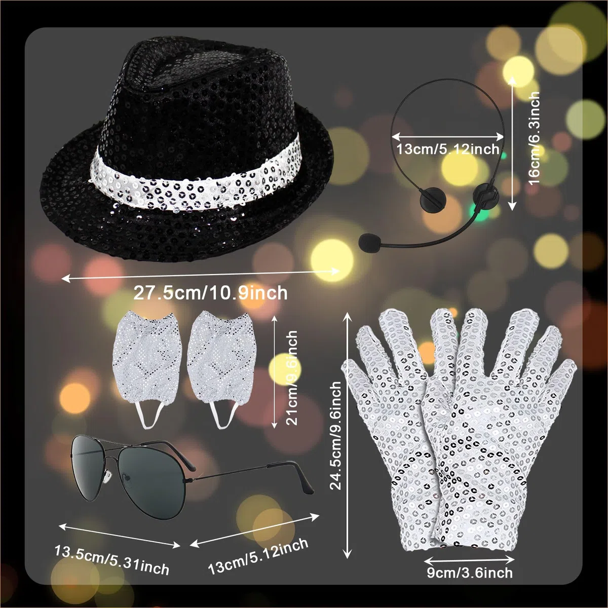 5 Pcs Kostüm Zubehör für Erwachsene Kinder,Pailletten Handschuhe Pailletten Hut Kopf Mikrofon Sonnenbrille Pailletten Socke,80er Jahre Rocker Star Disco Zubehör für Halloween Cosplay