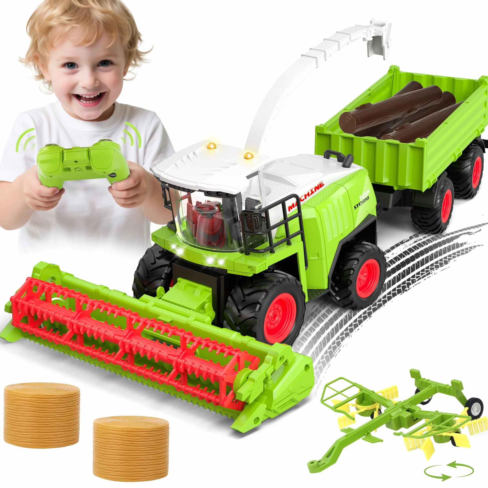 RC Mähdrescher Spielzeug Set mit Anhänger & Schwader, 2,4 GHz Ferngesteuert mit Licht & Sound, Robuster Traktor Spielzeug Kinder Geschenk ab 3 Jahre für Weihnachten/Geburtstag