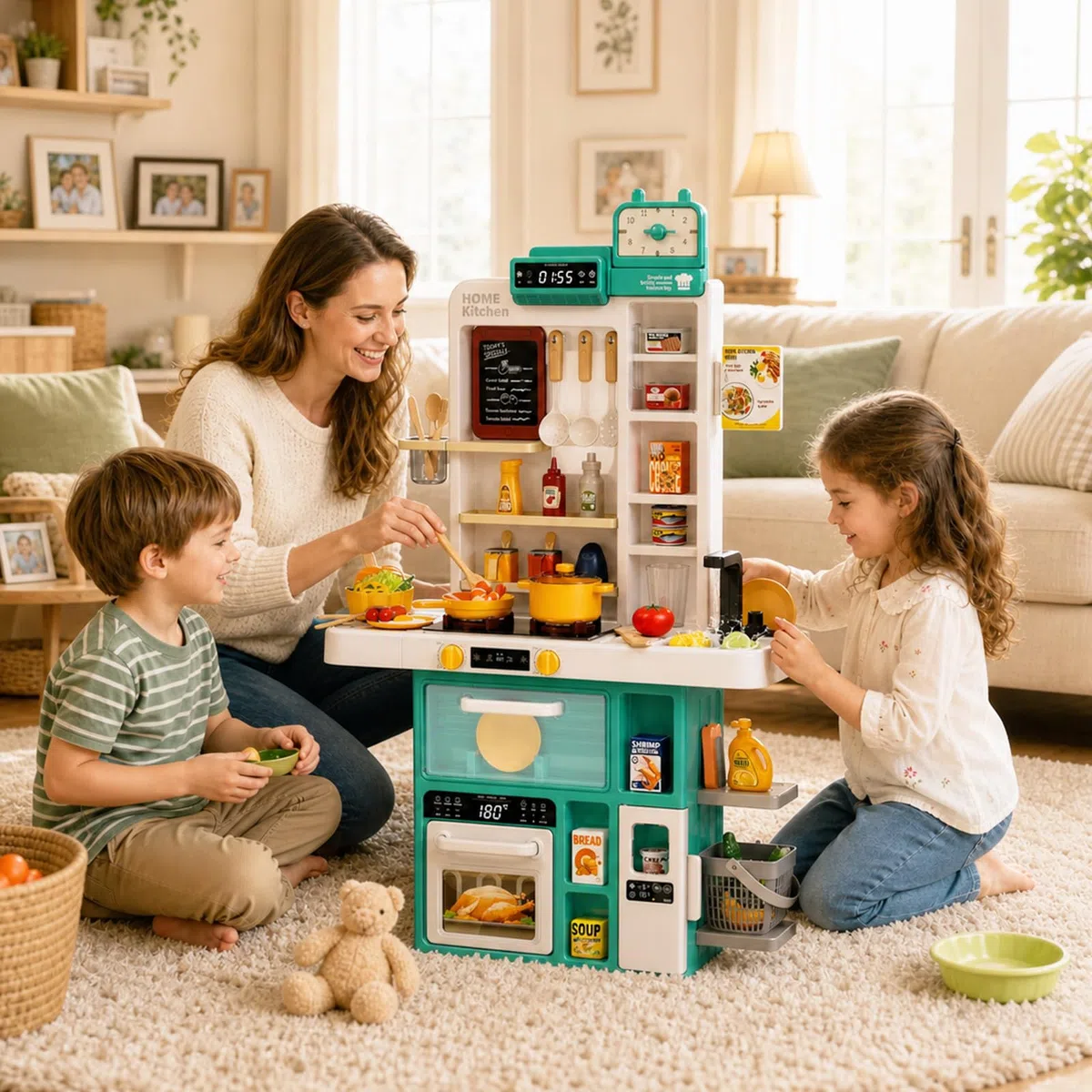 deAO Kinderküche 69 PCS Spielküche mit Licht, Kochsound & Flammeneffekt, Wasserfunktion mit Sprühnebel & Wasserhahn, Herd & Backofen- Geschenk für Kinder ab 3+ Jahre (Grün)