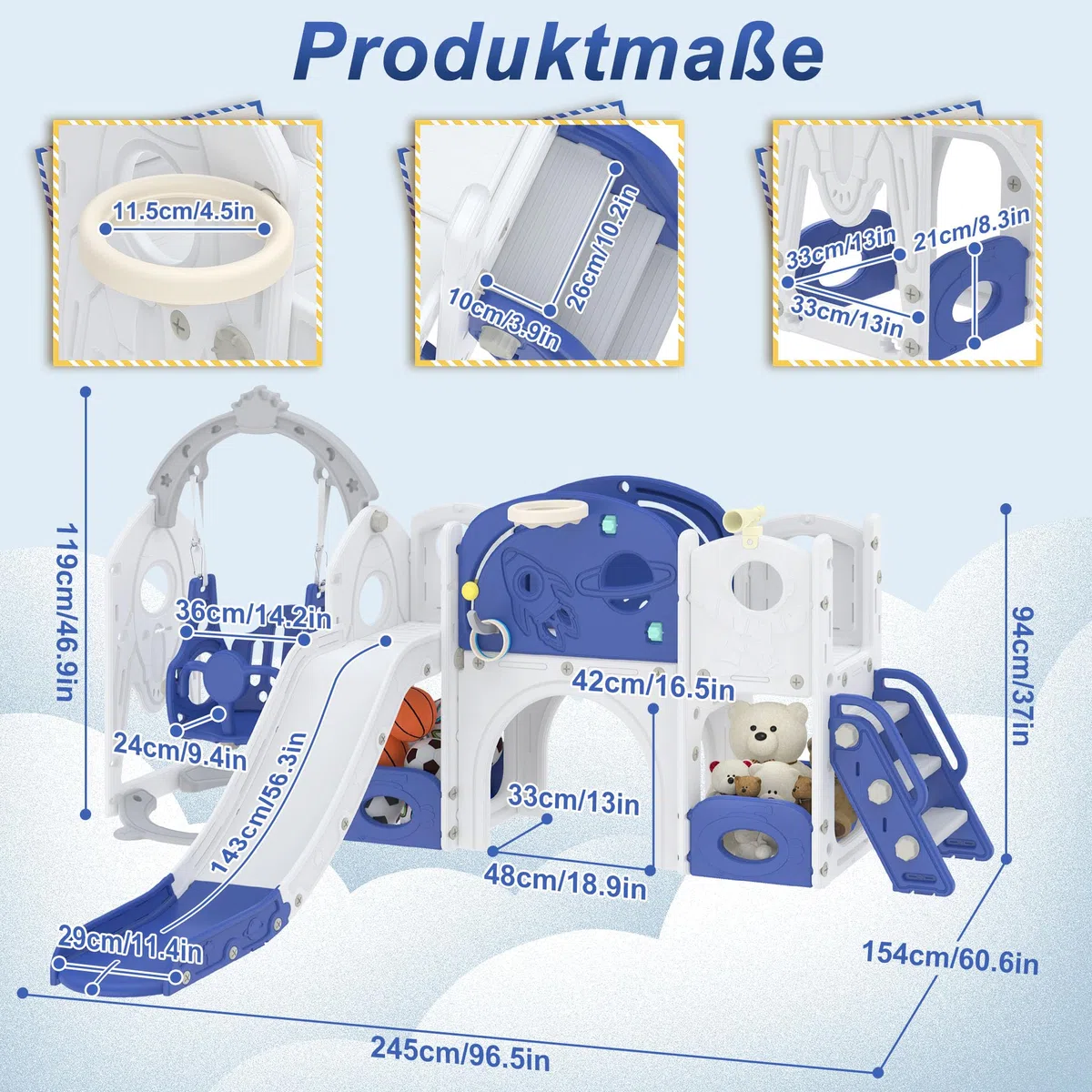 Aufun 7-in-1 Kinderrutsche für Kleinkinder, Multifunktionales Spielset mit Schaukel, Rutsche, Basketballkorb, Tunnel, Stauraum, Kletterleiter, Werkzeugfreie Montage Freistehenderutsche Spielzeug