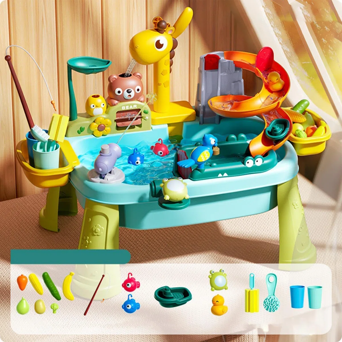 Generisch Kinder Wassertisch - Giraffenwasserhahn Lern-Angelspielzeug,Spielküchenspüle Mit Fließendem Wasser,Für Rollenspiele, Hand-Auge-Koordination, Garten, Hinterhof Und