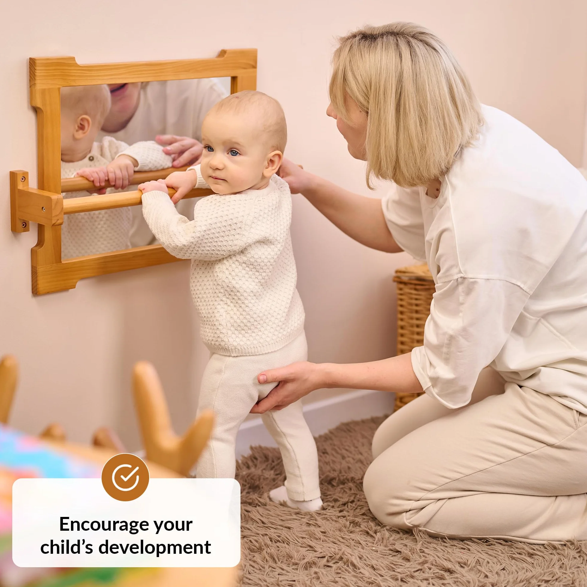 ODOXIA Montessori Spiegel mit Stange für Kleinkinder | Mit Griff zum Stehen & Gehen | Holzrahmen für Motorik & Entwicklung | Perfekt Spielzimmer & Klassenzimmer | Baby