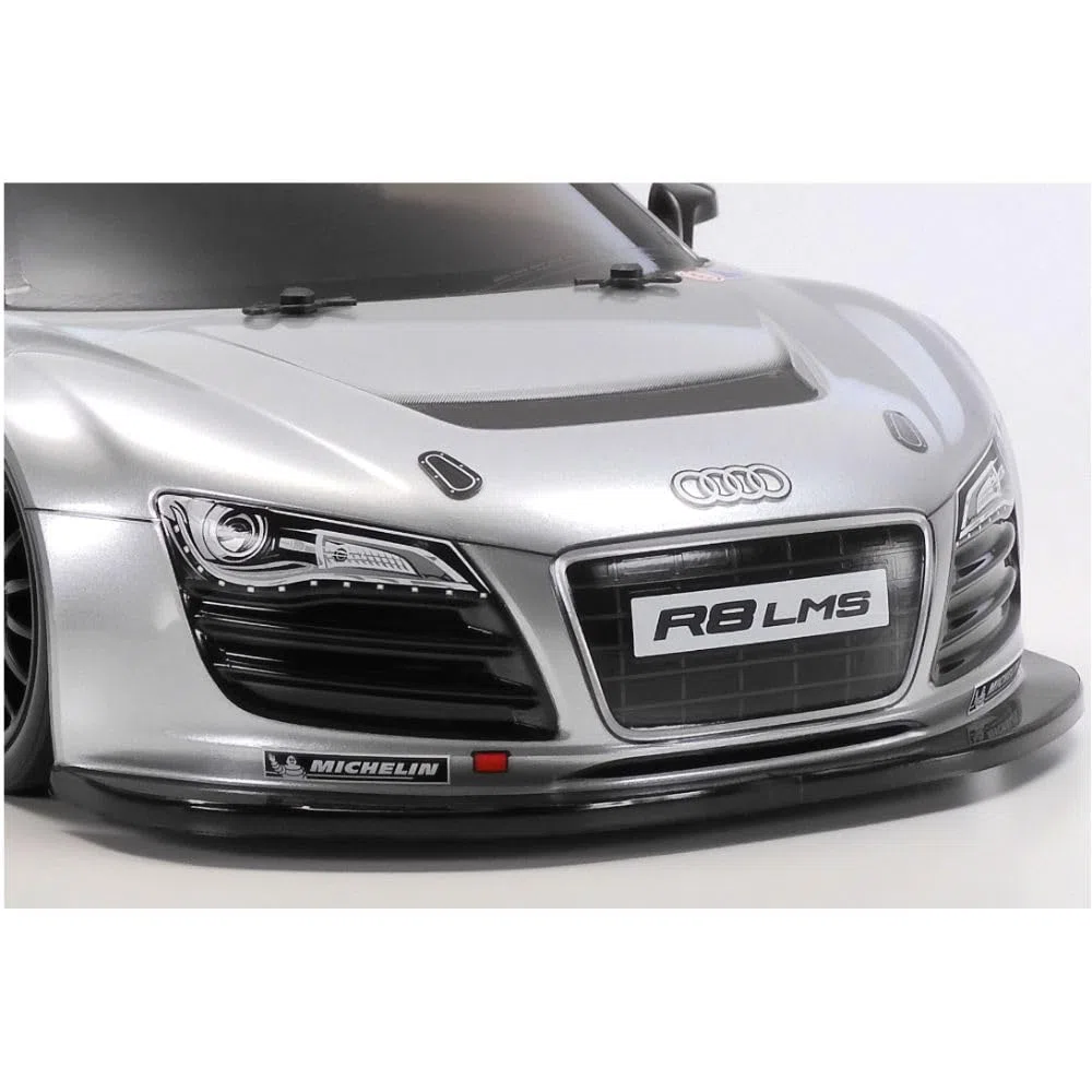 Tamiya 47517 1:10 RC Audi R8 LMS 2008 TT-02 Lackiert - ferngesteuertes Auto, Fahrzeug, Modellbau, Zusammenbauen, Hobby, RC Bausatz, unlackiert, Silber