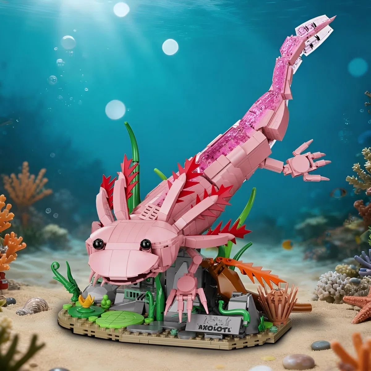 Axolotl Bausteine Bausatz für Erwachsene, 998 Teile Axolotl Klemmbausteine mit Wasserpflanzen-Sockel, Tier-Modell, STEM-Lernspielzeug, Dekoration für das Homeoffice, Geschenk für Naturliebhaber 14+