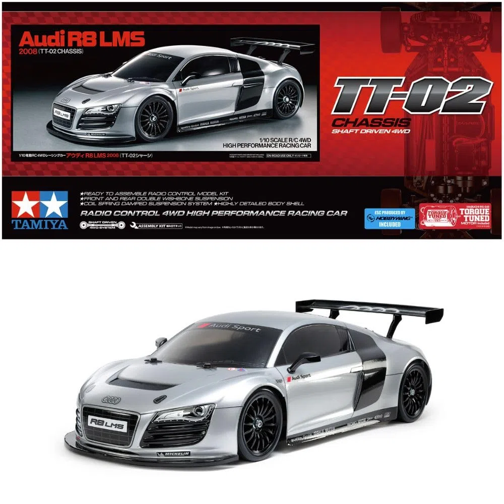 Tamiya 47517 1:10 RC Audi R8 LMS 2008 TT-02 Lackiert - ferngesteuertes Auto, Fahrzeug, Modellbau, Zusammenbauen, Hobby, RC Bausatz, unlackiert, Silber