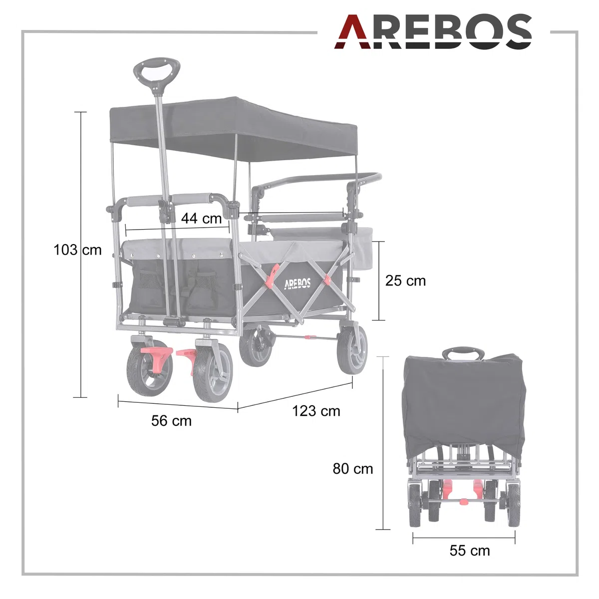 Arebos Bollerwagen Premium faltbar mit Dach | Handwagen | Faltwagen | Transportwagen | klappbar | bis 100 kg Tragkraft | Vorder- und Hinter-Bremse | Schwarz