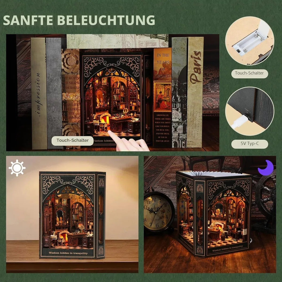 Book Nook Kit mit LED-Lichtern | DIY 3D Puzzle Bücherregal Einsatz | Handgemachte Tiny House Decor für Bastler & Home Decor