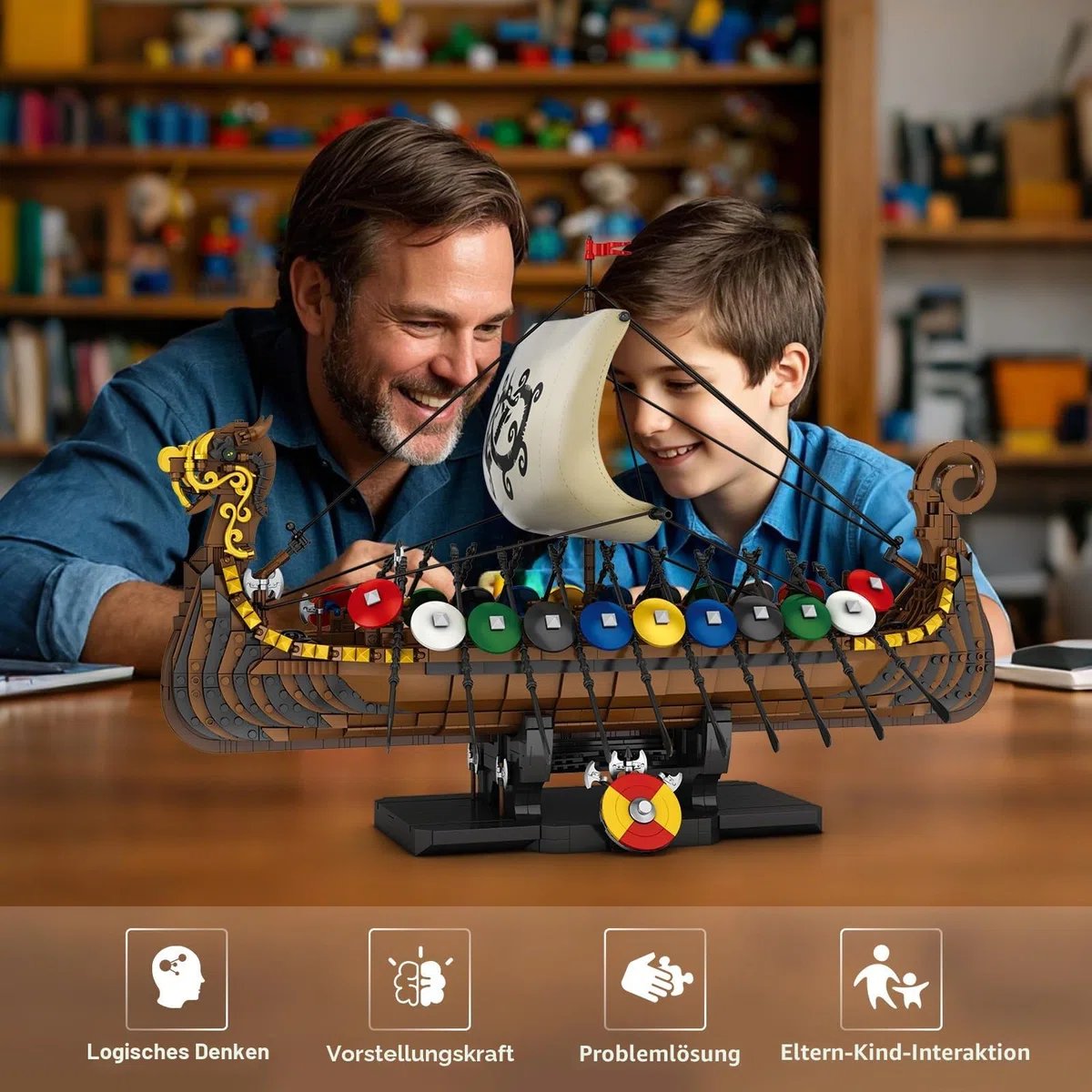 Reobrix Wikinger Piratenschiff Baustein-Spielzeug, Display Langschiff-Kollektion Bausatz-Modelle für Erwachsene, 66101 Großes Segelschiff Mittelalterliche Bewaffnete Kriegsschiff Baustein-Puzzle
