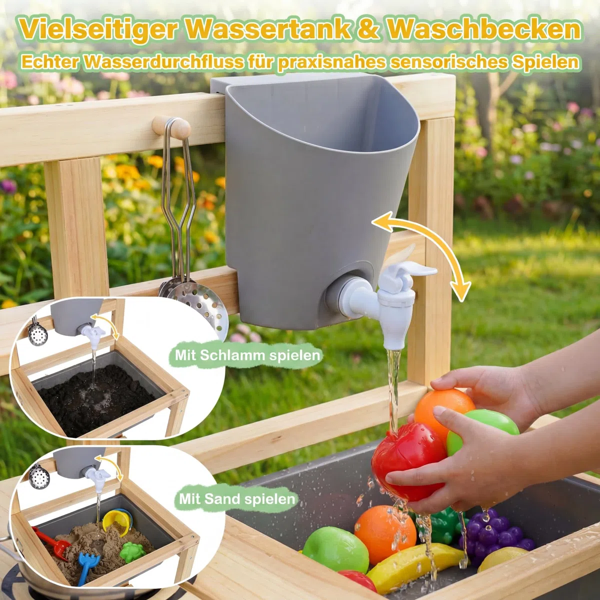 COSTWAY Matschküche Kinder, Outdoor Spielküche mit Herd, Spüle, Wassertank, Pflanztöpfen und Kreidetafel, Holz Gartenspielzeug, Kinderküche für Jungen und Mädchen ab 3 Jahren