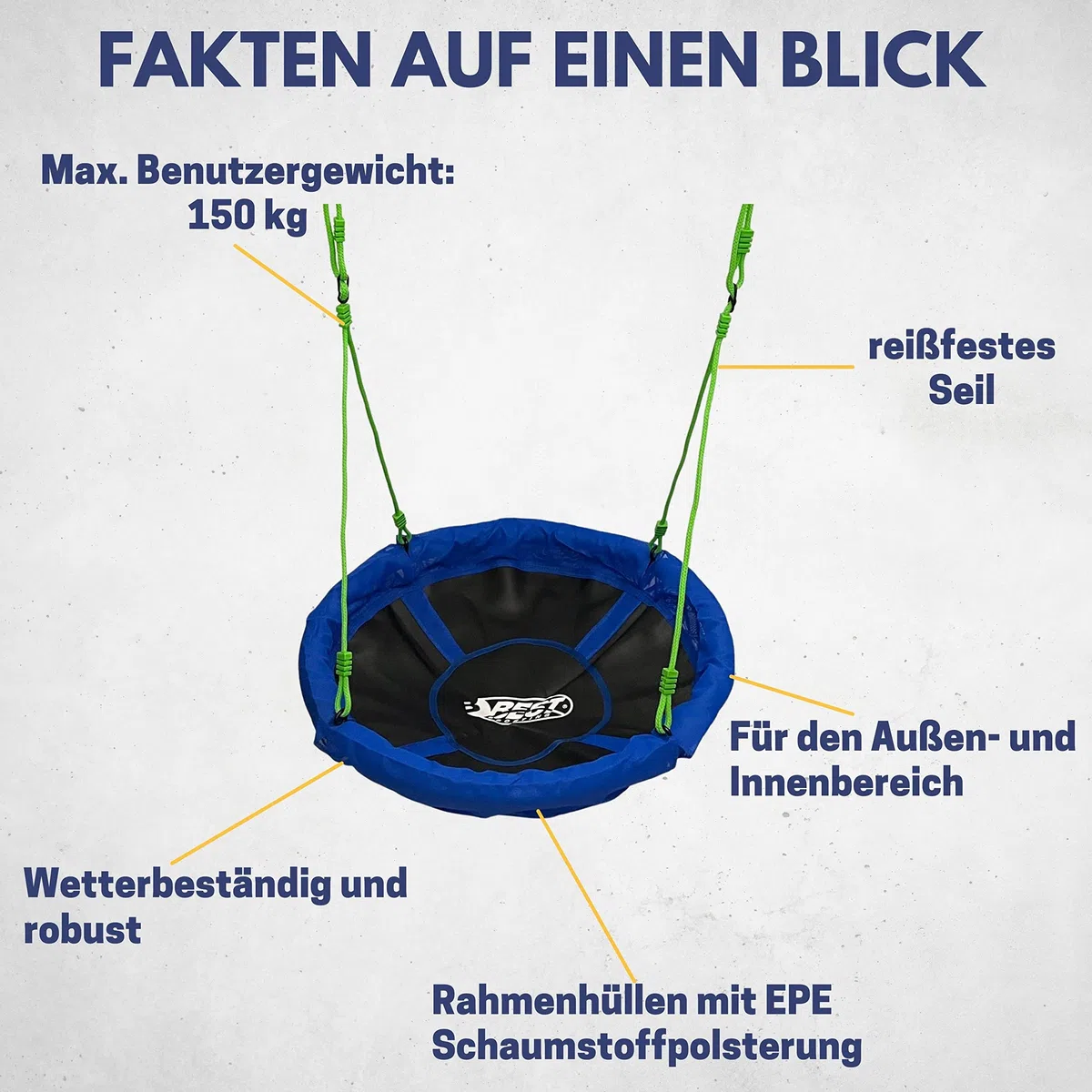 Best Sporting Nestschaukel I Gartenschaukel Ø 60, 80, 90, 100 oder 110 cm I Bis 150 kg belastbar I Höhenverstellbar 105-180cm I Nestschaukel Outdoor I Gartenschaukel Kinder (Ø 60)