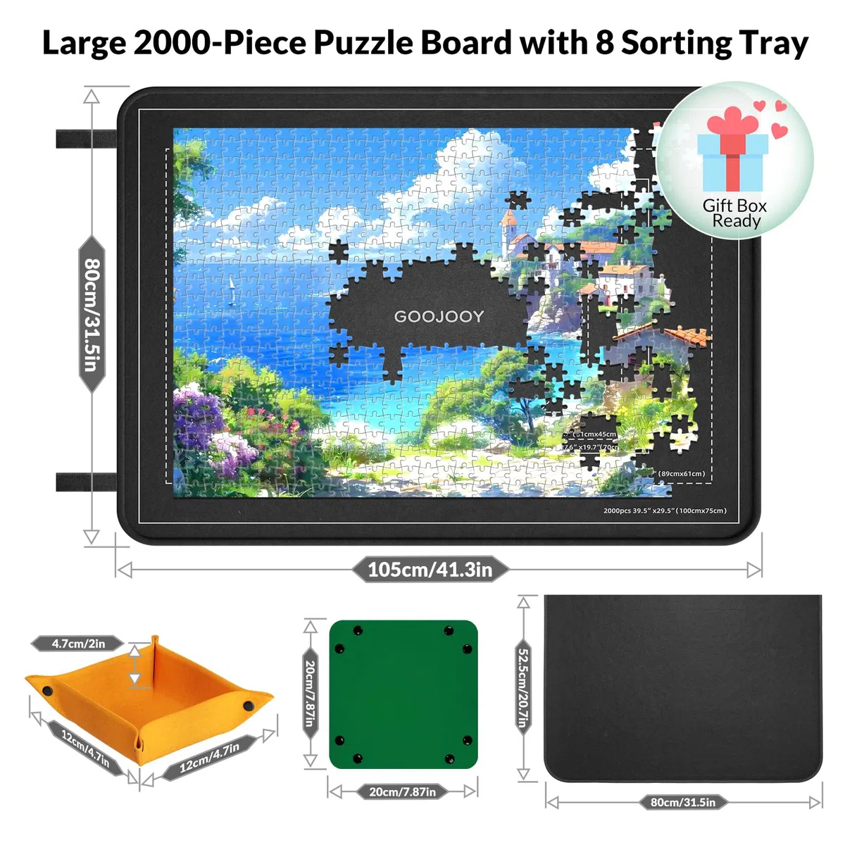 Faltbares Puzzlebrett bis 2000 Teile mit Präzisen Hilfslinien - 105x80cm/41.3x31.5in XXL Puzzletisch aus Filz inkl. 8 Puzzle Sortierer & Abdeckung, Puzzle Board Staubdicht für Große Puzzles