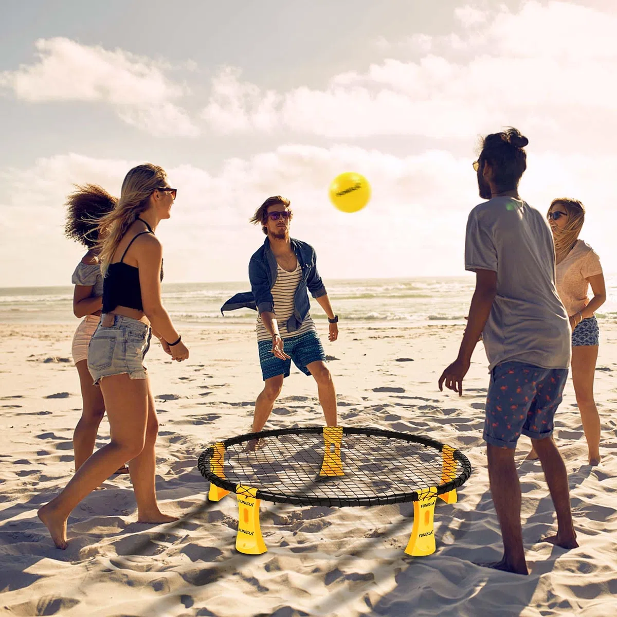 Funeslaball Outdoor Spieleset, Roundnet Spieleset, Outdoor Team Ballspiel bestehend aus Spielnetz, 3 Bällen, Kordelzug, Ballpumpe und Handbuch