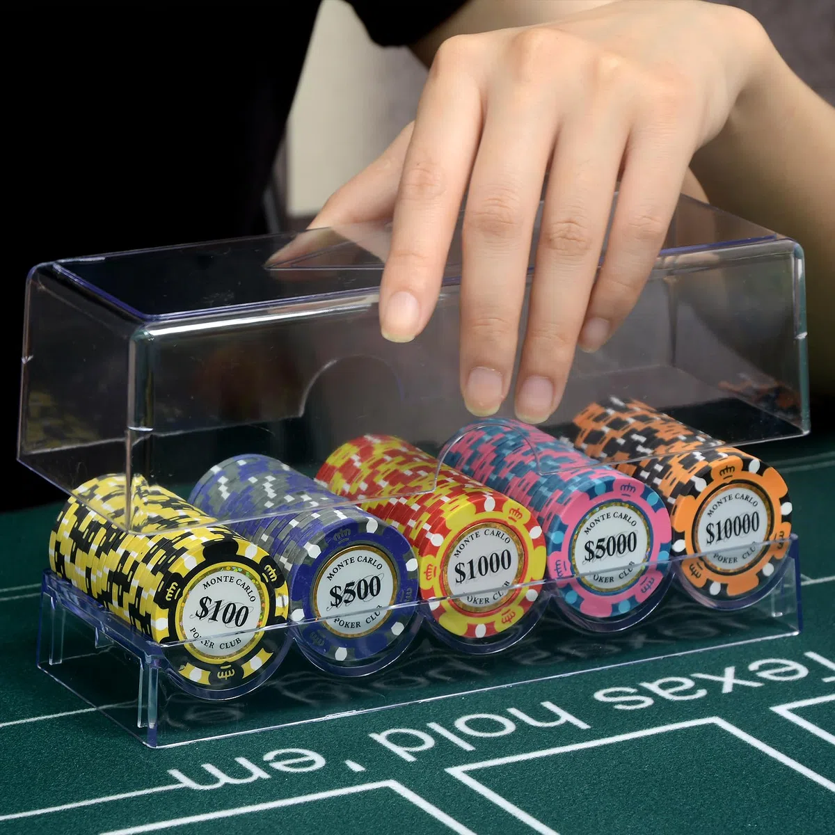 Transparentes Acryl-Pokerchip-Rack mit Deckel/ohne Deckel, Casino Poker Chip Tray Rack Chip Storage Vitrine für Texas Hold'em, Blackjack, je 100 Chips