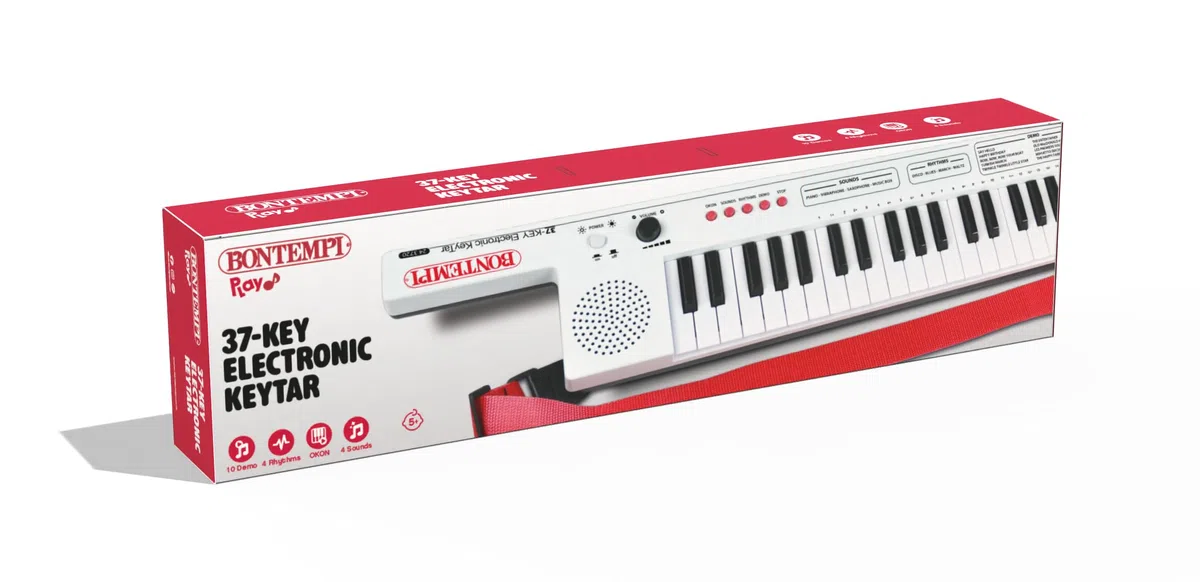 BONTEMPI - Elektronisches Keytar mit 37 Tasten mit 4 Sounds 4 Rhythmen 10 Vorab Aufgenommene Lieder Okon-Funktion Lautstärkeregler USB Typ-C Akkuladung Tragegurt Notenzeile 550x112x40 mm