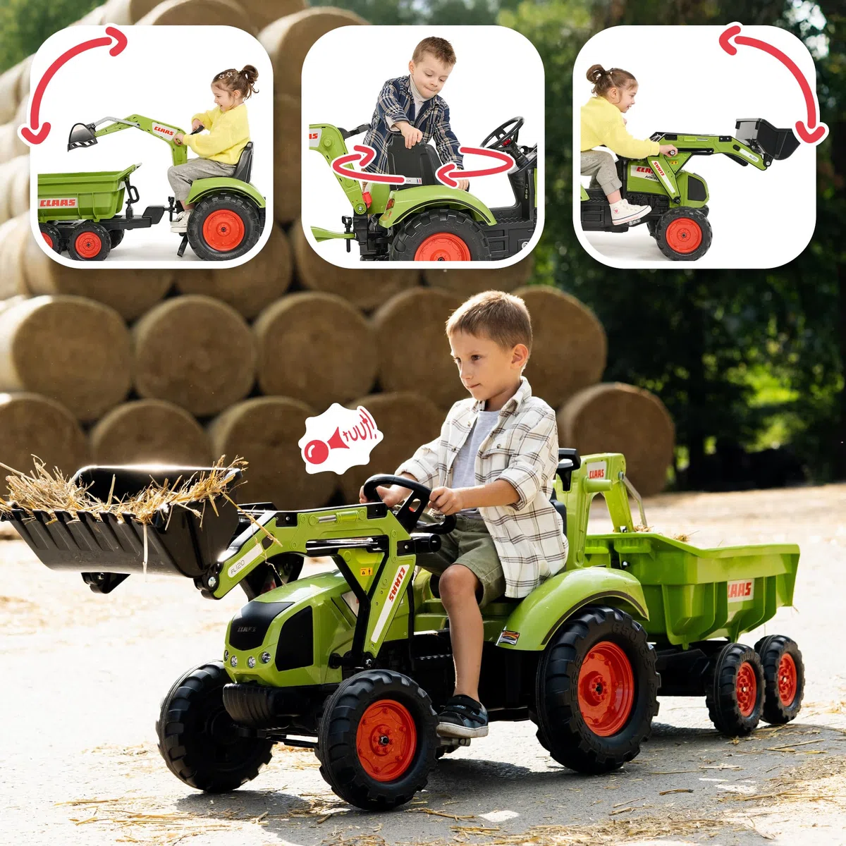 FALK - Bagger mit Pedalen Claas mit Bagger und Maxi-Kippanhänger – ab 3 Jahren Schaufel vorne und Bagger mit Gelenken – Drehbarer Sitz – 2070 W