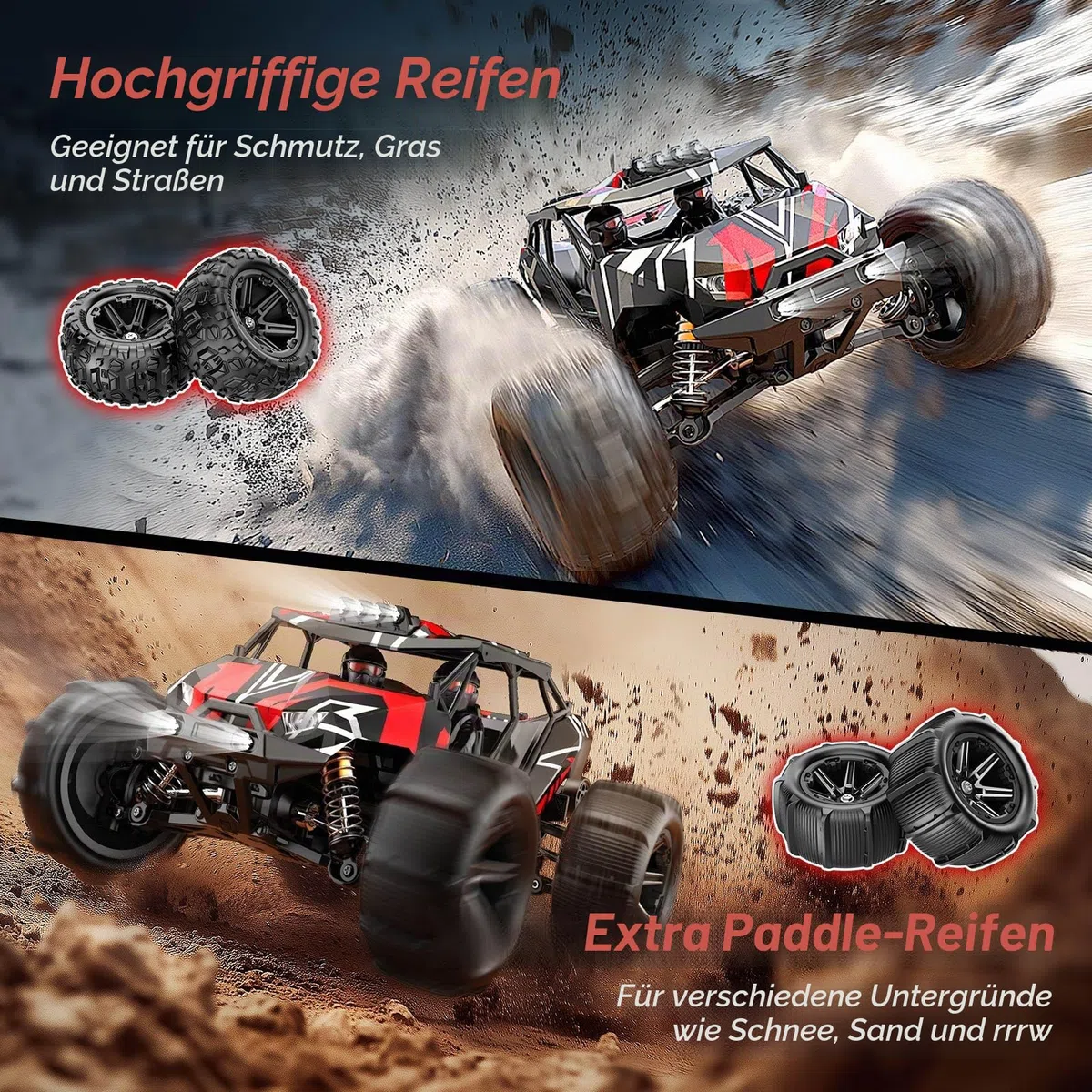 Ferngesteuertes Auto Erwachsene 1:14 Brushless RC Auto RC Car Truck 52 km/h | 4WD All-Terrain Offroad ölgefüllten Stoßdämpfern 2x 2S 1500mAh LiPo Akku, RTR mit 2 Reifensätzen, Aufrüstbar auf 3S 70 km/h