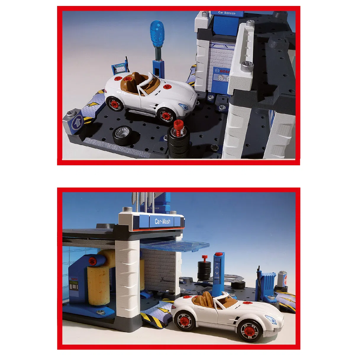 Theo Klein 8647 Bosch Car Service Station | Mit Waschanlage und höhenverstellbarer Hebebühne | Inklusive demontierbarem Auto | Maße: 41 cm 39 cm 29 cm | Spielzeug für Kinder ab 3 Jahren