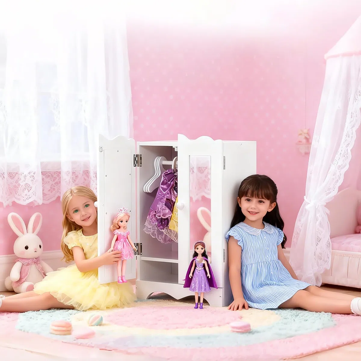 Holzpuppenmöbel mit 6 Kleiderbügeln Offener Kleiderschrank Organizer Puppenschrank für Puppen Spielzeug Puppenhaus Zubehör Passend für Puppe bis 20''