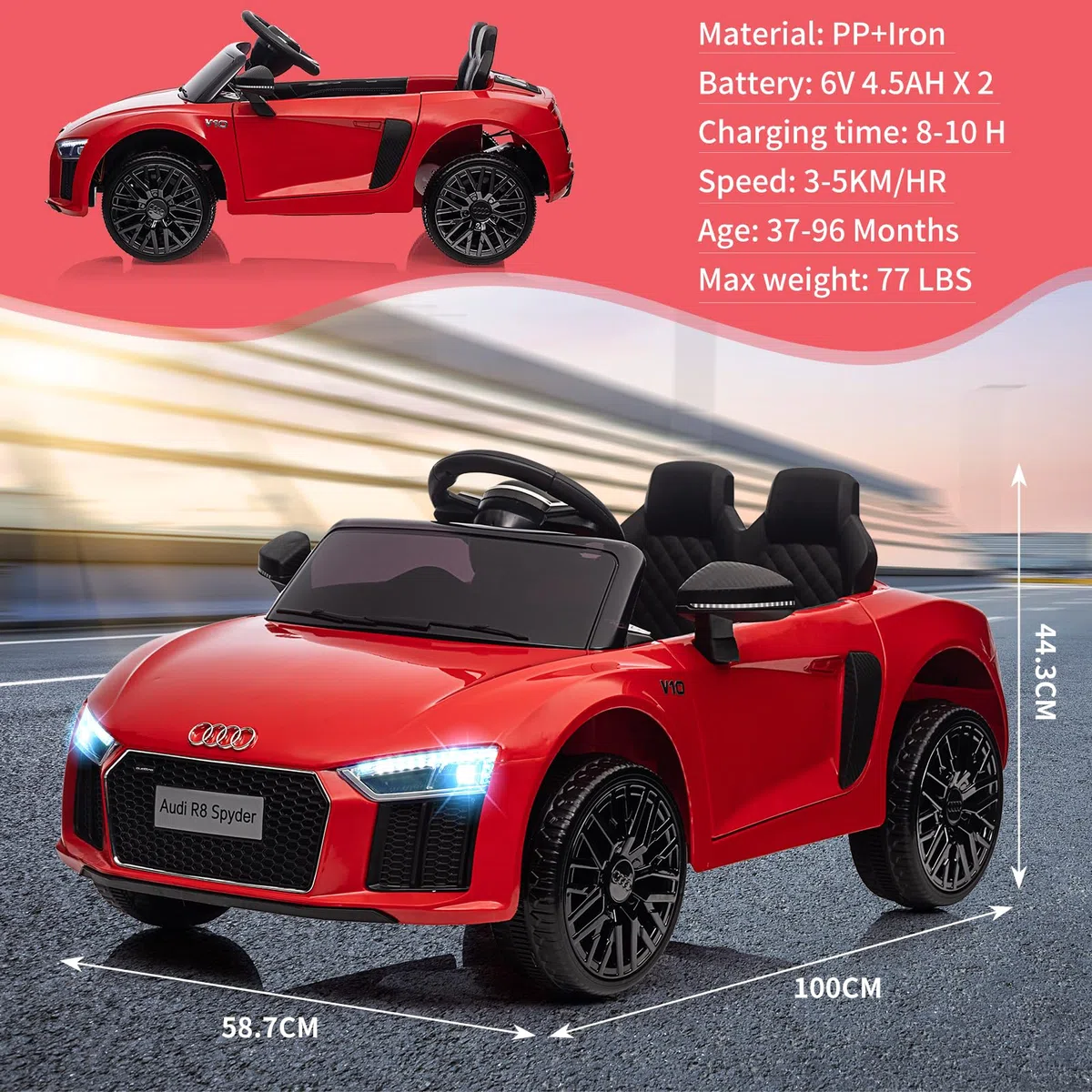 Audi Kinder-Sportwagen Kinder Elektroauto 12V – Offiziell Lizenziertes Kinderfahrzeug mit Fernbedienung, LED-Scheinwerfern, Hupe, Musik, Sicherheitsgurt, Sanftanlauf, Federung, Akku – Für