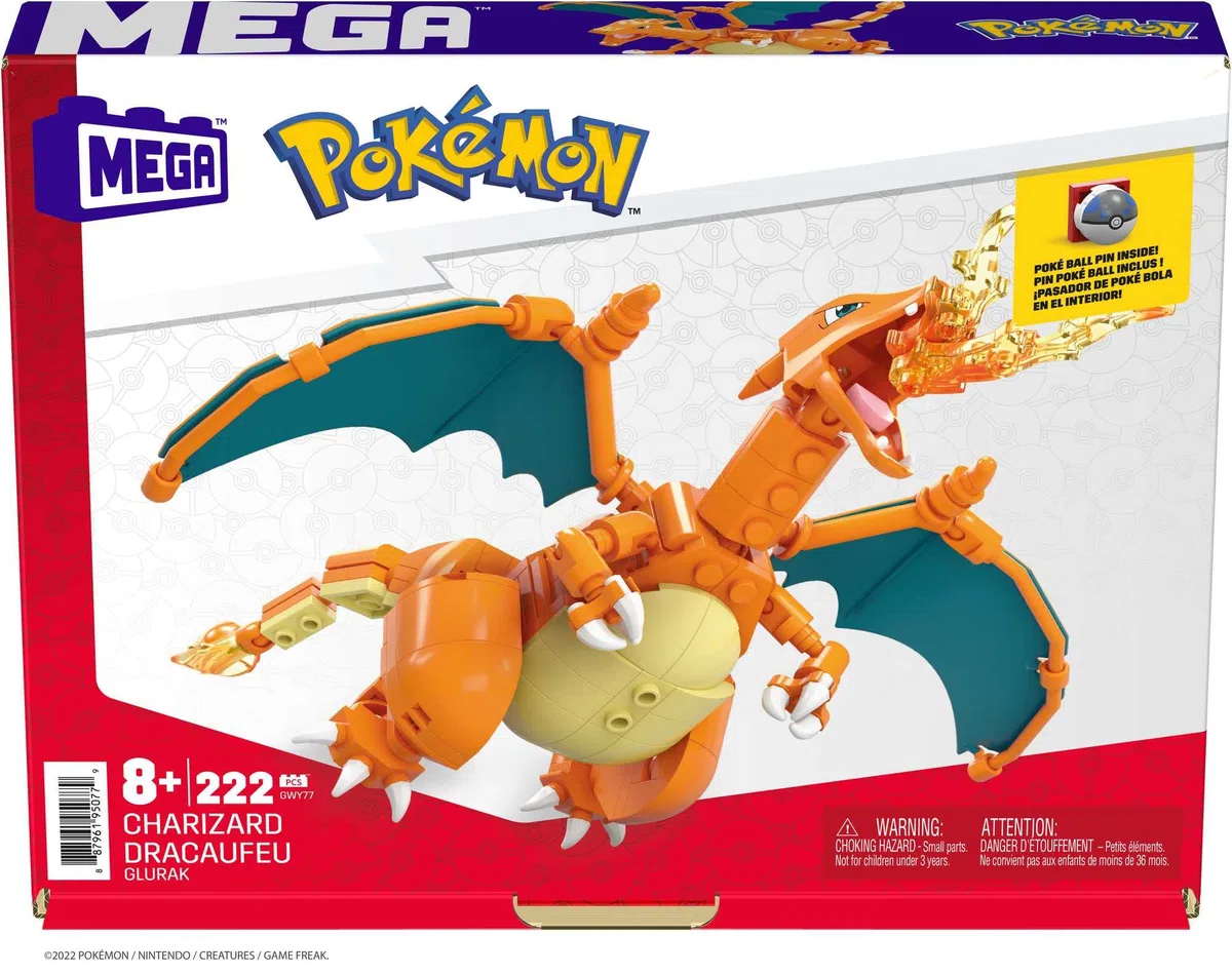 Mega Pokémon Glurak, Figur zum Zusammenbauen, 223 Bausteinen, mit beweglichen Flügeln und Pokéball-Stift, Pokémon Spielzeug, ab 6 Jahre, GWY77