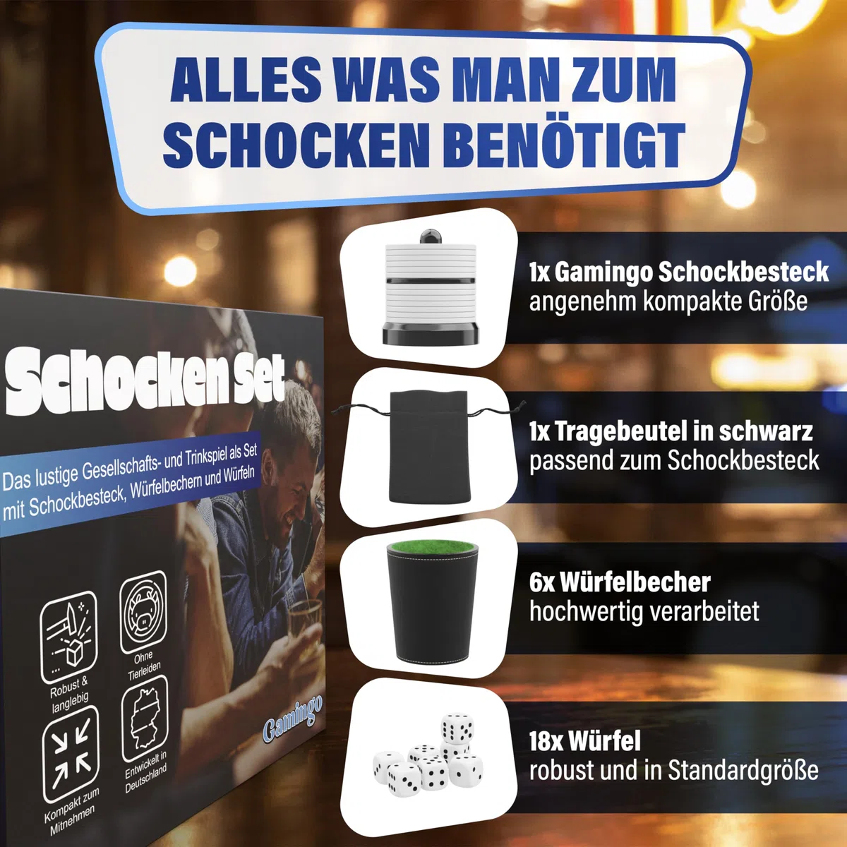 Schocken Set Komplett mit 6 Würfelbechern, Schockbesteck & Würfeln, hochwertiges Schocken Würfelspiel, langlebiges Schockbesteck Set - ideal als Gesellschaftsspiel