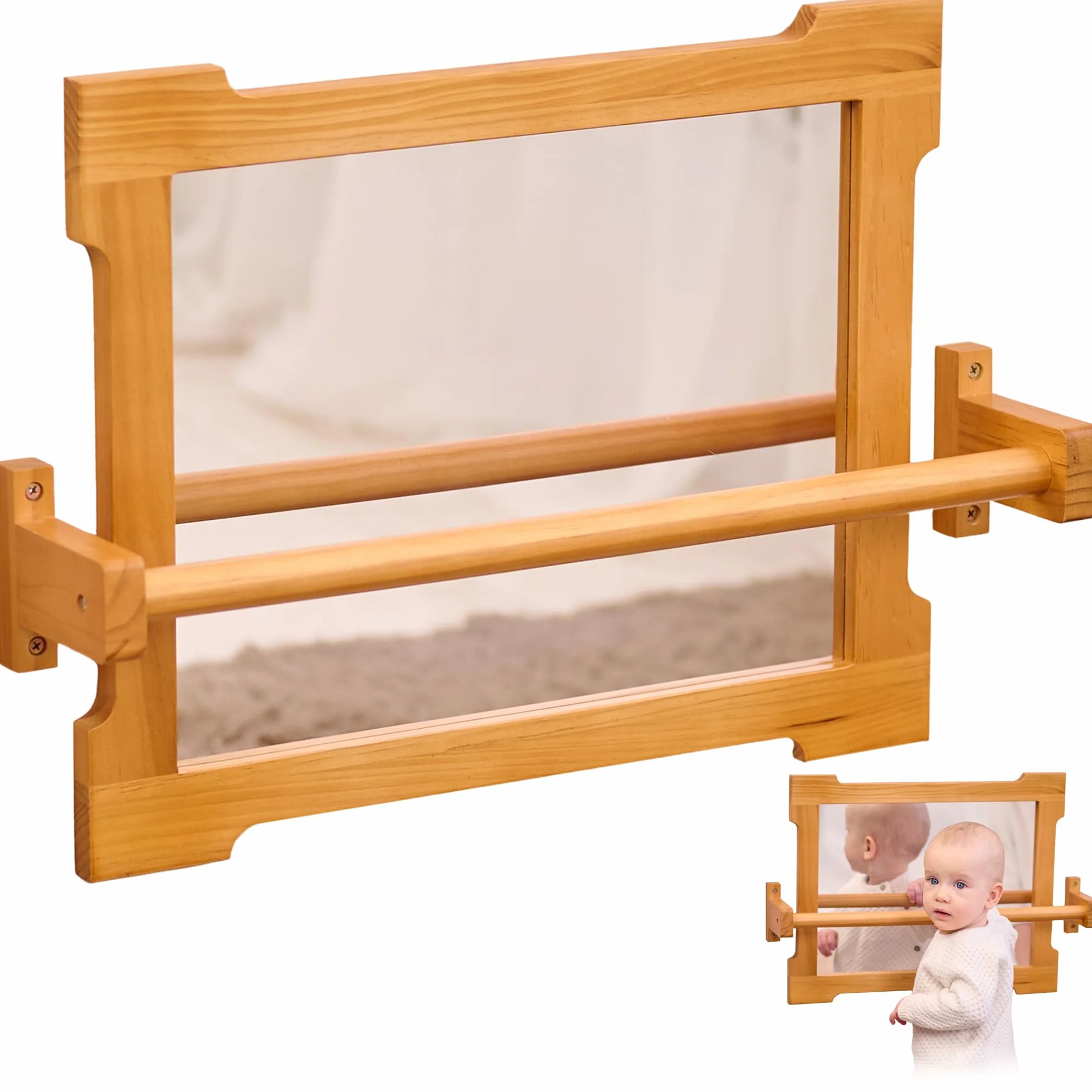 ODOXIA Montessori Spiegel mit Stange für Kleinkinder | Mit Griff zum Stehen & Gehen | Holzrahmen für Motorik & Entwicklung | Perfekt Spielzimmer & Klassenzimmer | Baby