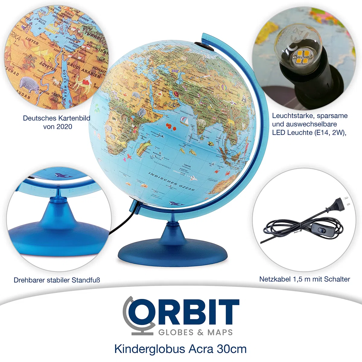 ORBIT GLOBES & MAPS Kinderleuchtglobus 30cm mit Tieren, Kunststoff Fuß, deutsch mit stabilem Hartplastikfuß, deutsches Kartenbild mit vielen Abbildungen für Kinder mit LED Leuchte