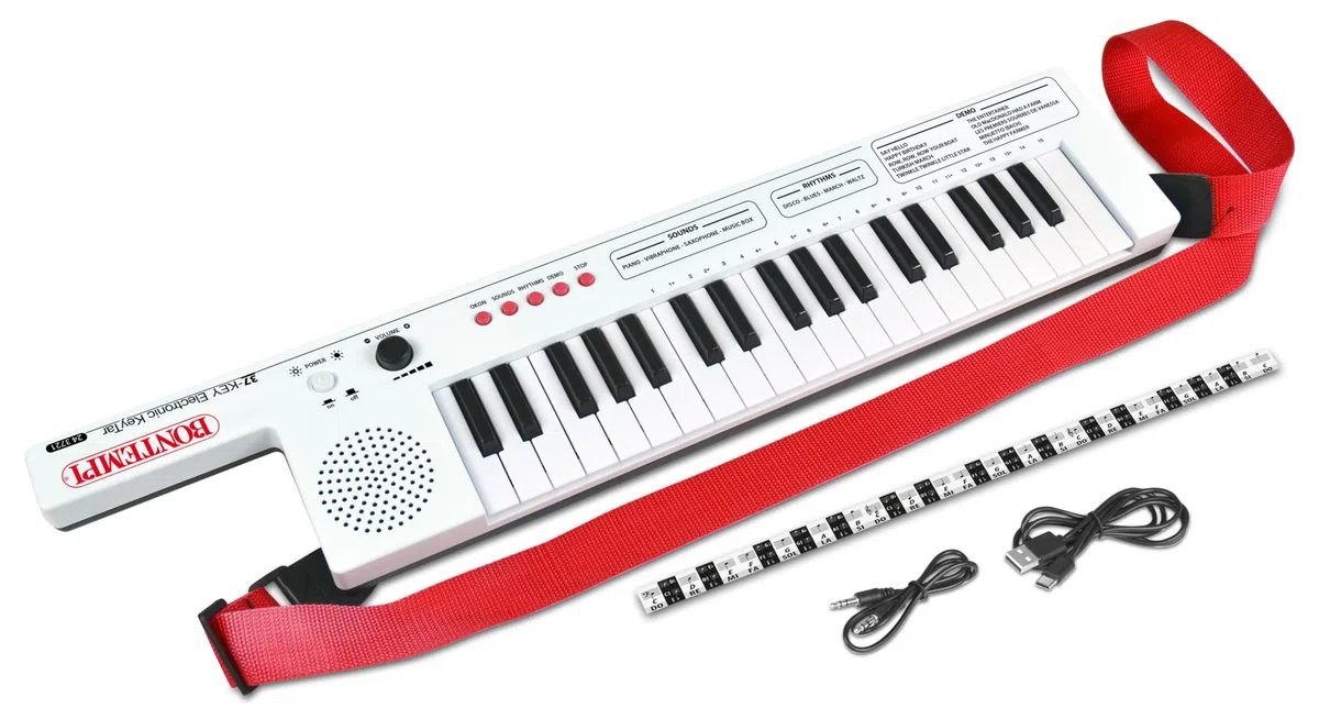 BONTEMPI - Elektronisches Keytar mit 37 Tasten mit 4 Sounds 4 Rhythmen 10 Vorab Aufgenommene Lieder Okon-Funktion Lautstärkeregler USB Typ-C Akkuladung Tragegurt Notenzeile 550x112x40 mm