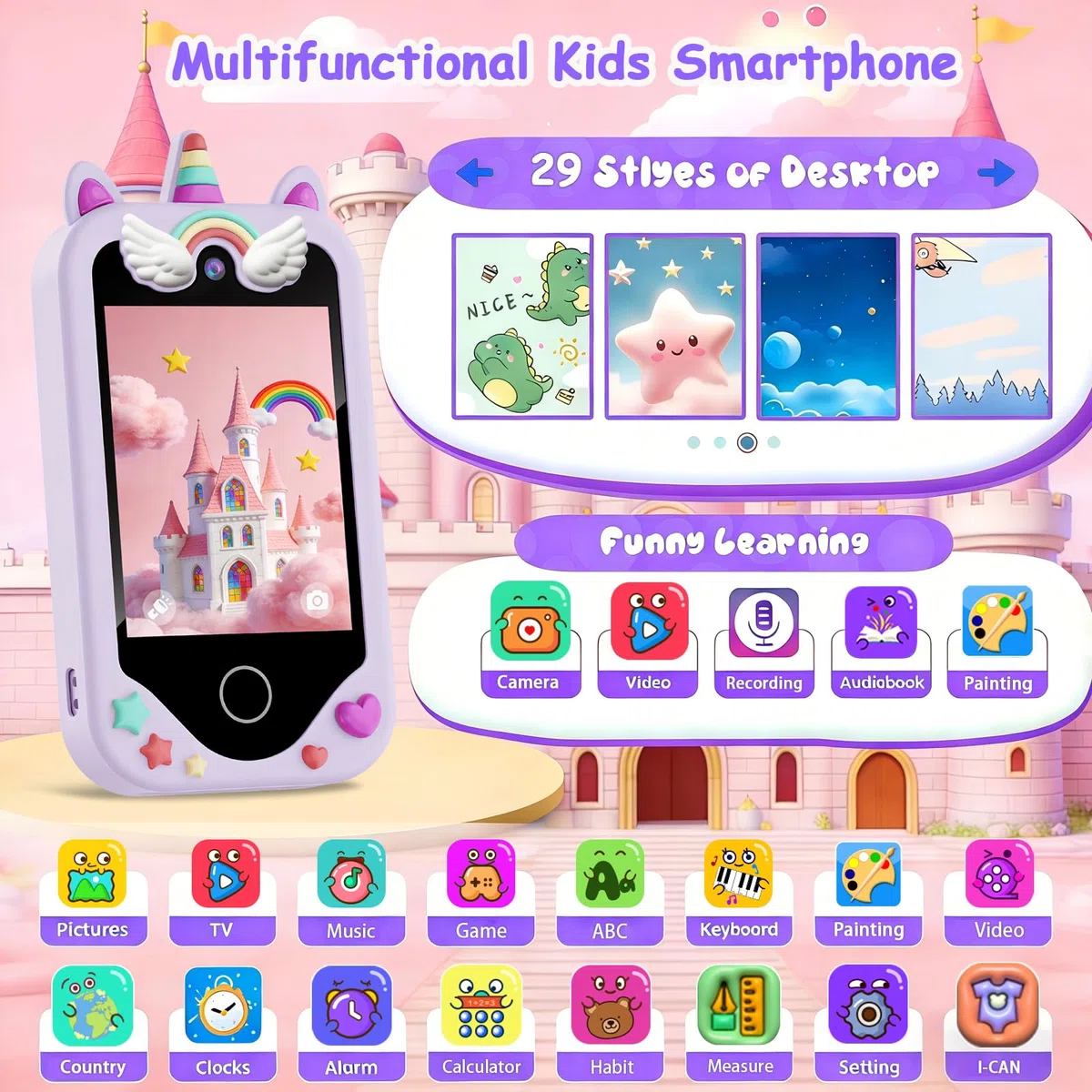 Kinder Smartphone für Mädchen, Kinder Telefon Spielzeug mit Touchscreen, Kinder Weihnachtsgeburtstagsgeschenk für Alter 3-8 Jahre alt, Dual-Kameras, Lernen, Musik-Player, Spiele, Lila