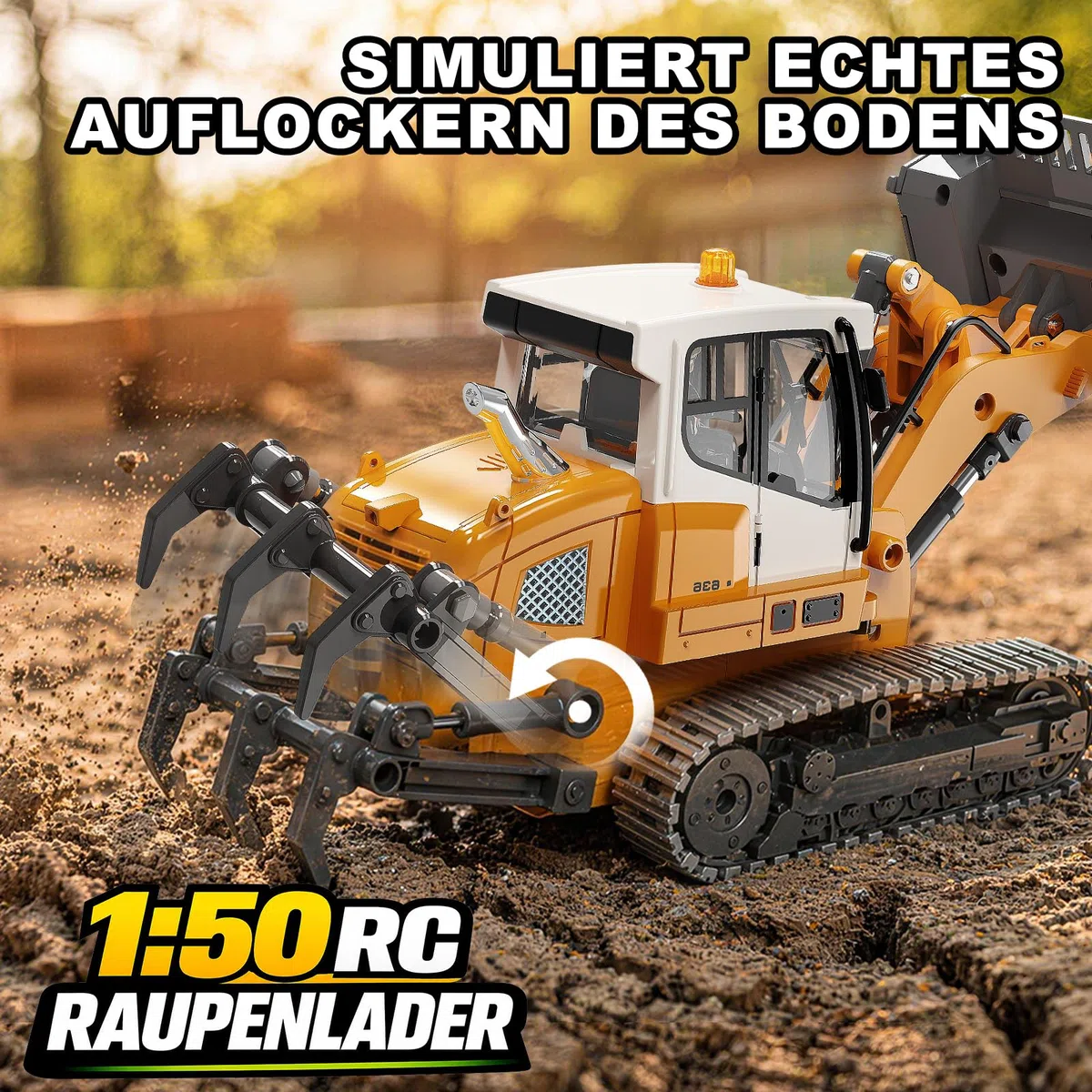 RC Radlader 1:50,Mini RC Loader Laderaupe Spindelantrieb | mit Metallschaufel, Metallketten, 2,4 GHz LCD-Fernbedienung, Licht & Sound, 2 Akkus, für Erwachsene und ab 6 Jahren