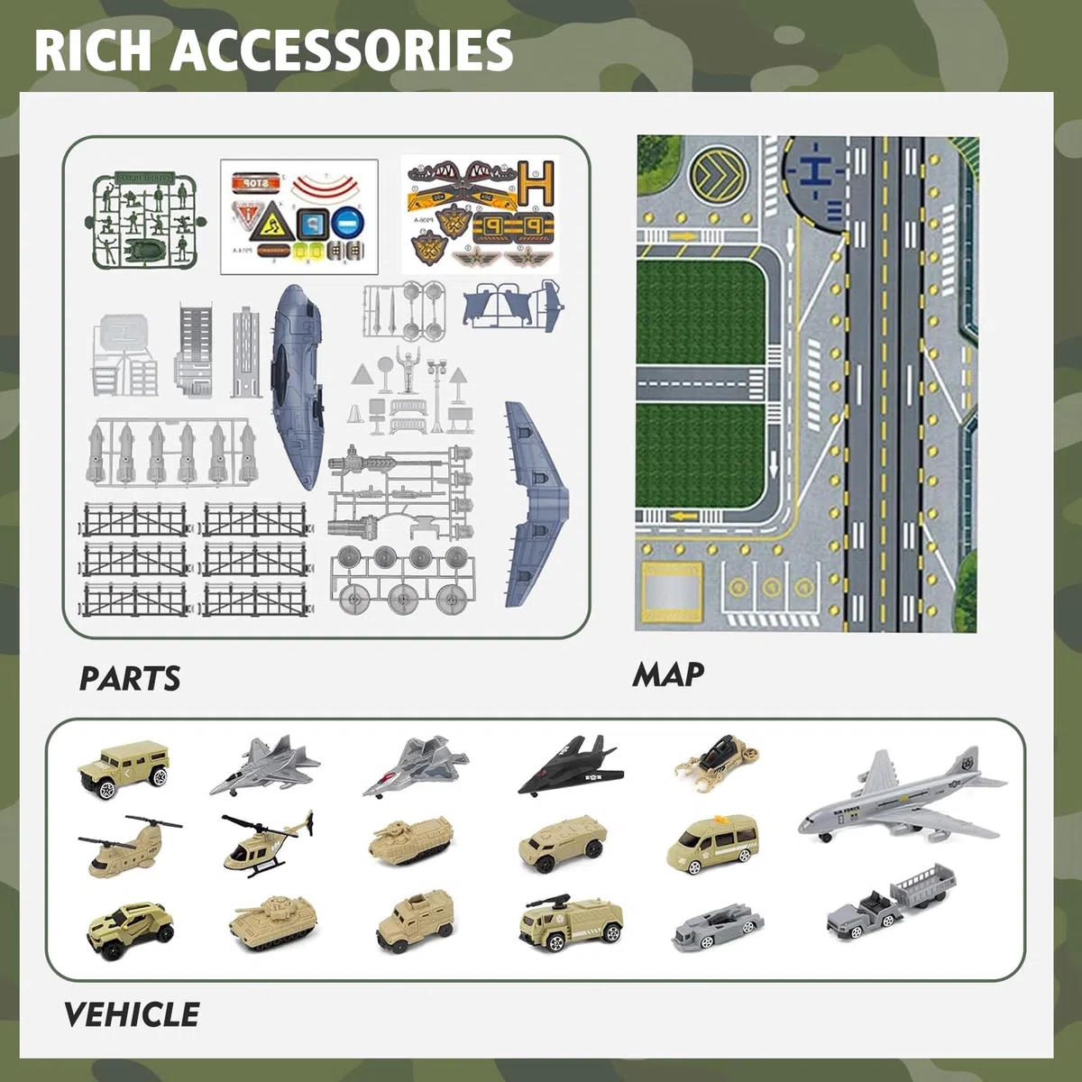 Militär Transport Fracht Flugzeug Militärflugzeug Autos Spielzeug mit Fahrzeug Soldaten Hubschrauber Kampf, Modell Spielzeug mit Figuren,Mini Armee Basis Spielkarte für Kinder 3+ Jungen Mädchen