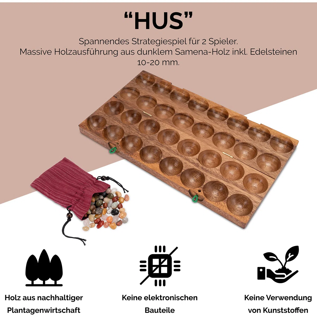 LOGOPLAY 85 Hus - Bao - Kalaha - Bohnenspiel - Muschelspiel - Edelsteinspiel aus Samena-Holz inkl. Edelsteinen und Stoffbeutel