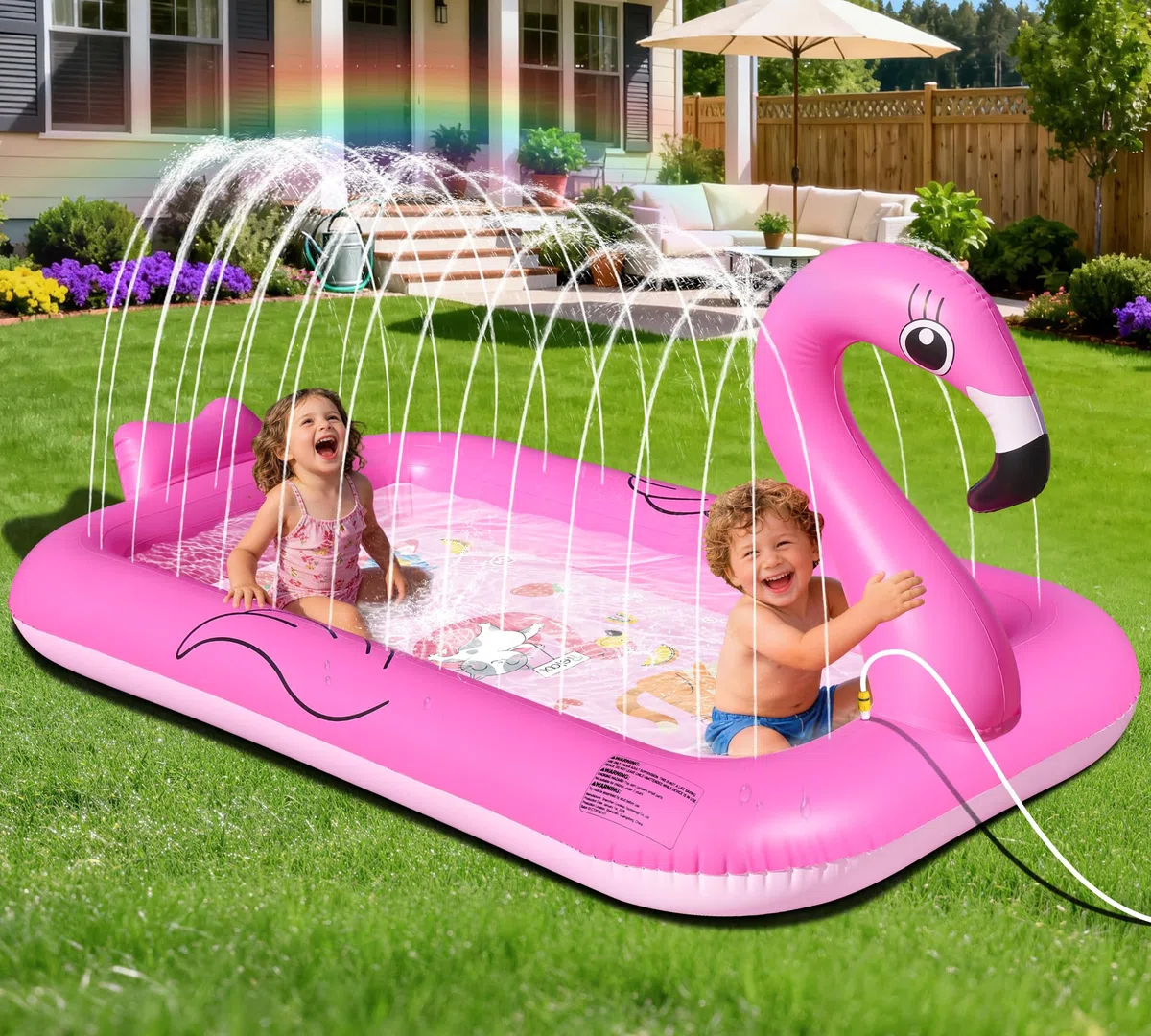 KingSom Splash Pad für Kinder,Flamingo Wassersprinkler Matte mit Antirutschfunktion,Verdickte Wasserspielzeug Kinder Outdoor Wasserspielmatte,Aufblasbares Garten Pool Spielzeug Sprinkler mit Brunnen