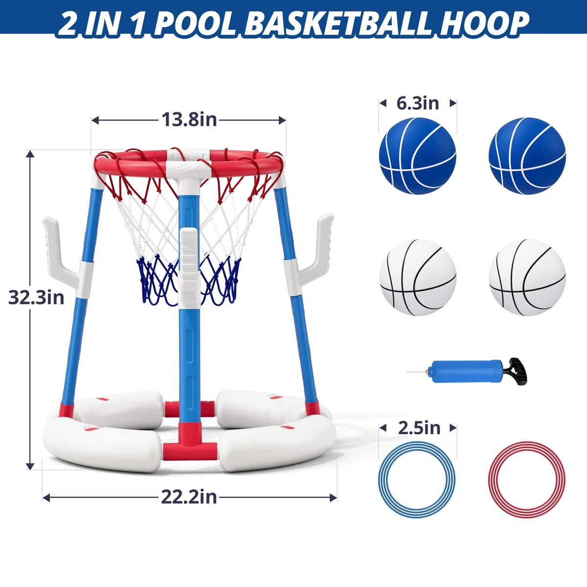 Pool Basketballkorb für Kinder, Wasserspielzeug Pool Basketball mit Backboard, 4 Bällen, 8 Ringen, Pumpe, Outdoor Schwimmbad Sommer Wasser Spielzeug Geschenke für Kinder 4-8 & Erwachsene, Rot